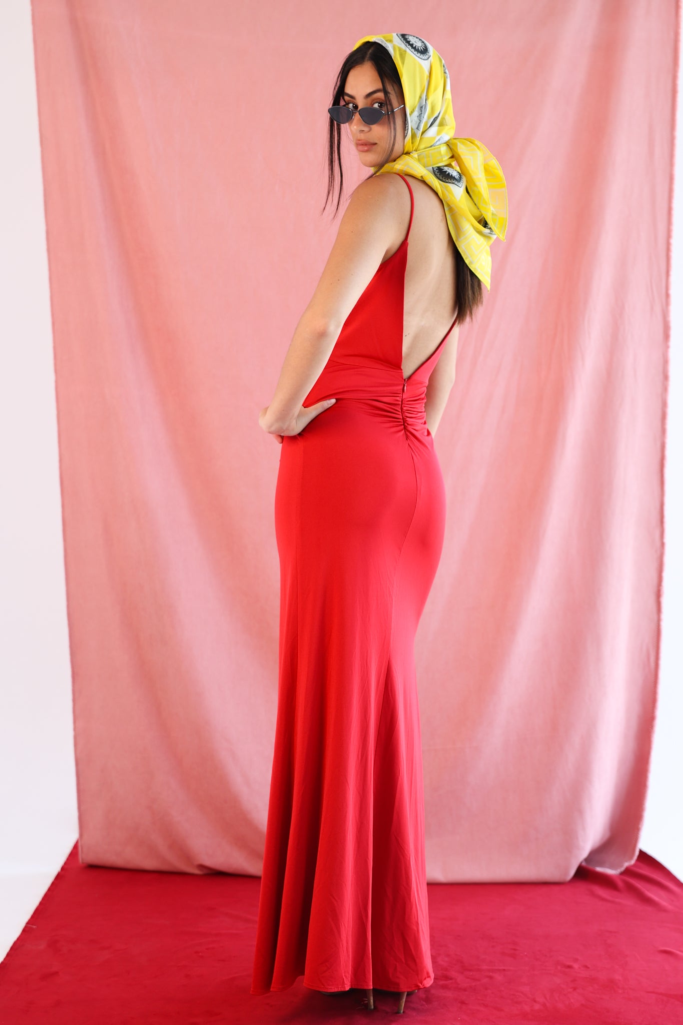 Satin Draped Dress with Flowers in Red