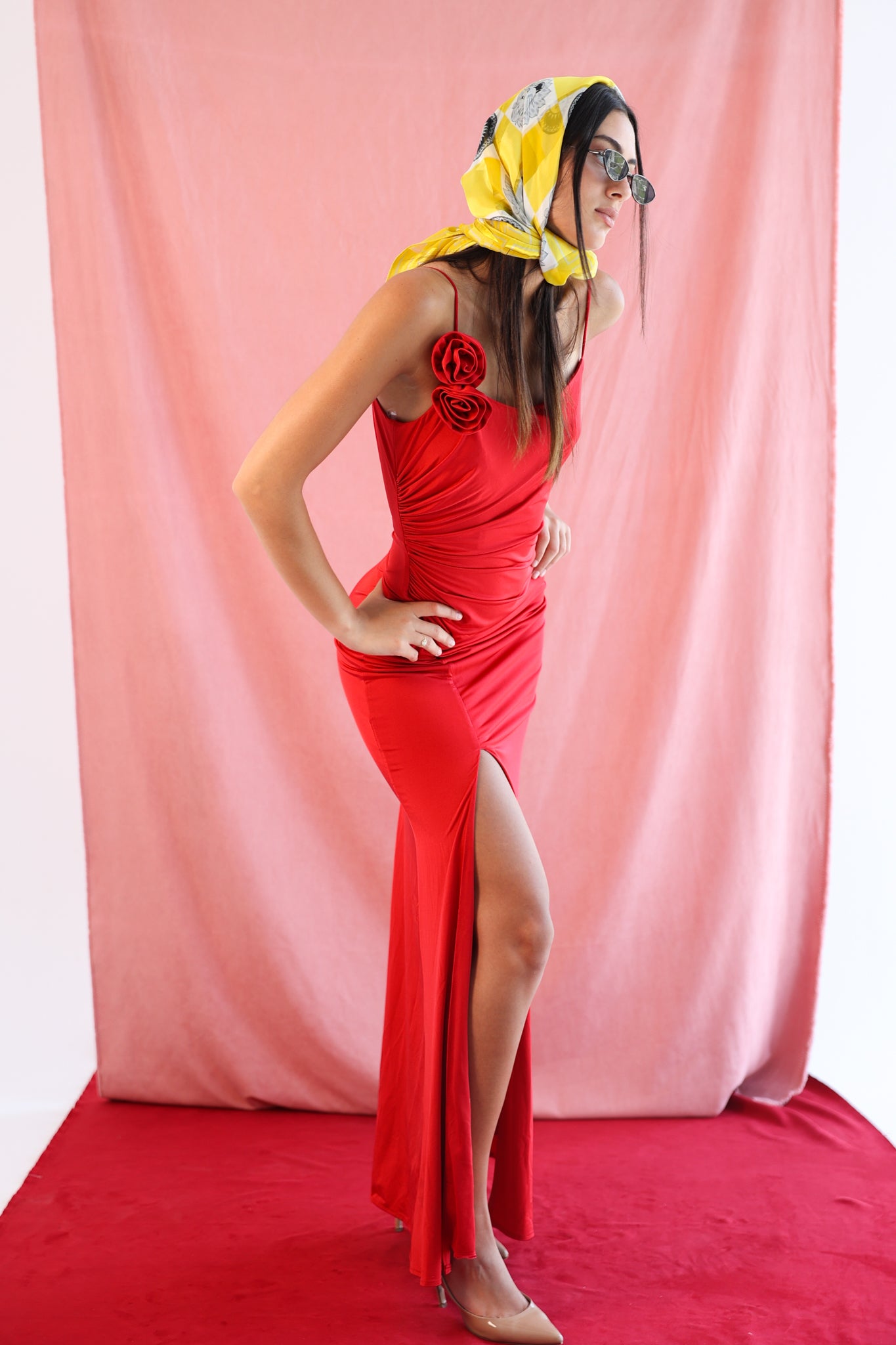 Satin Draped Dress with Flowers in Red
