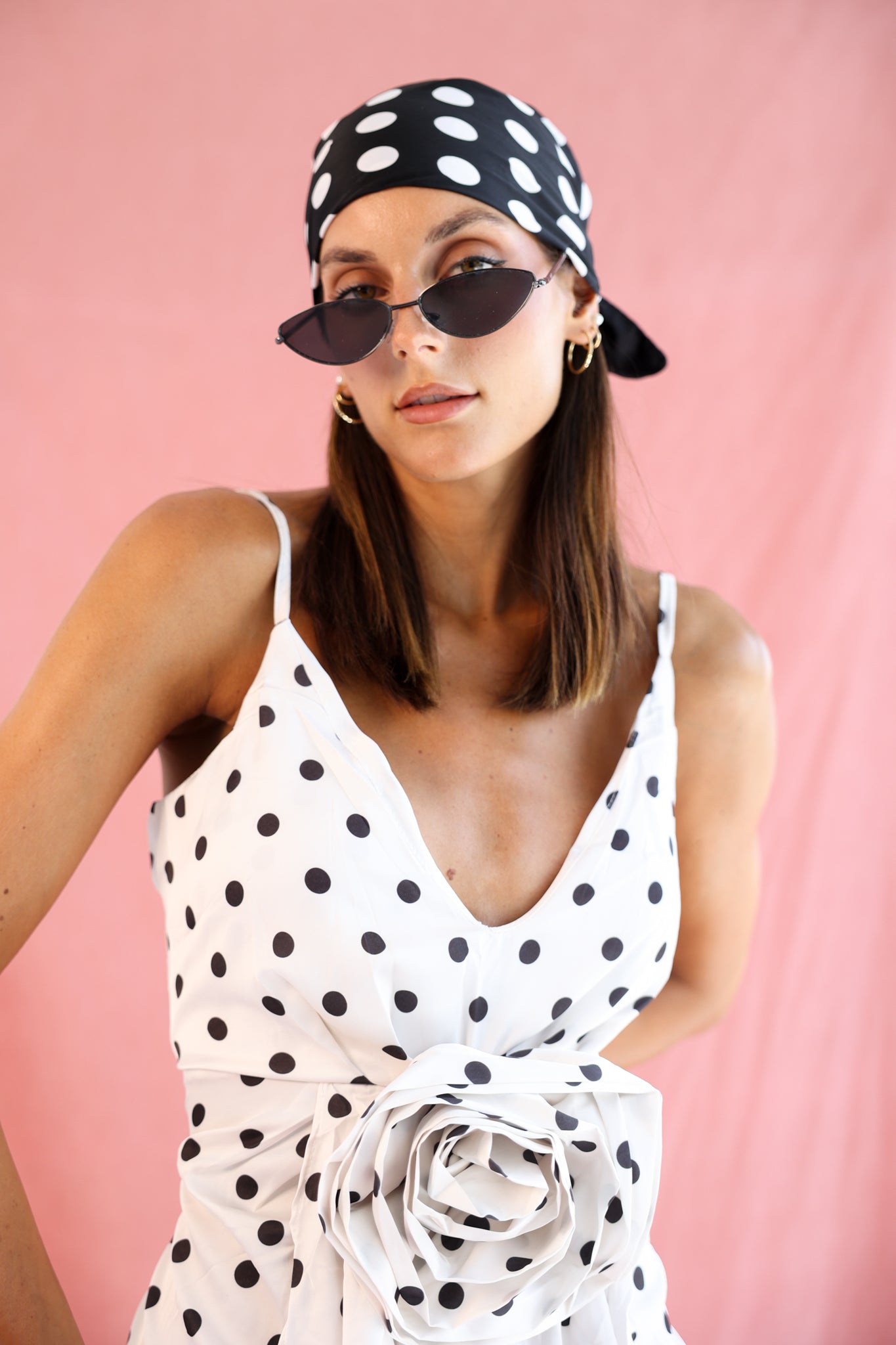 Polka Dot Dress with flower in White & Black