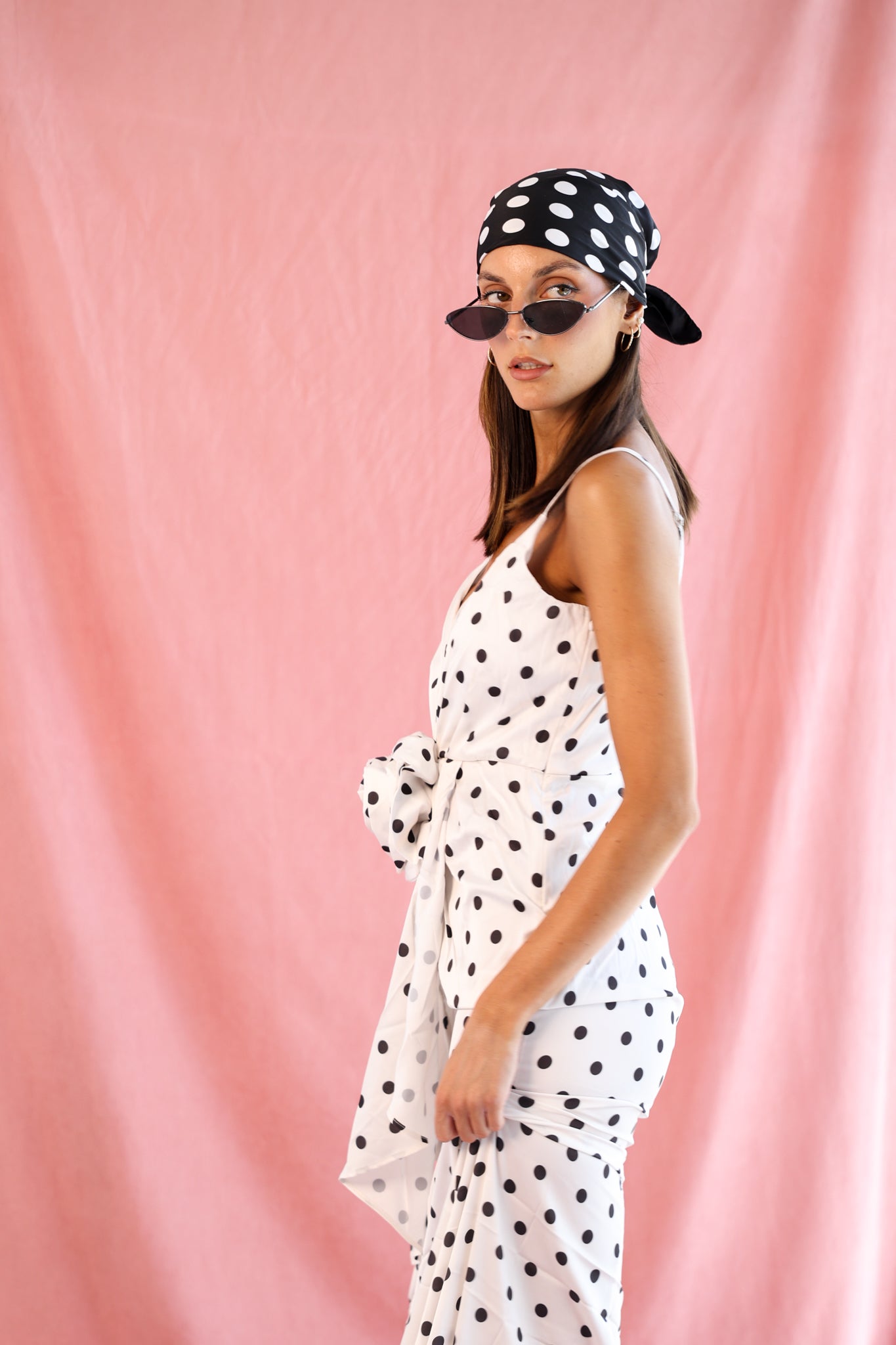 Polka Dot Dress with flower in White & Black