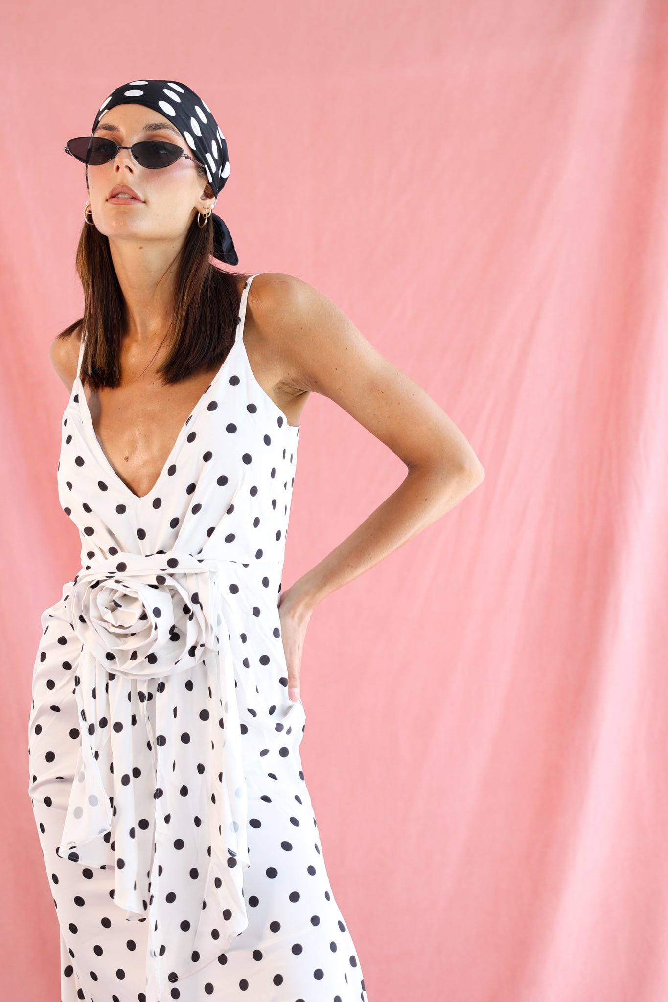 Polka Dot Dress with flower in White & Black