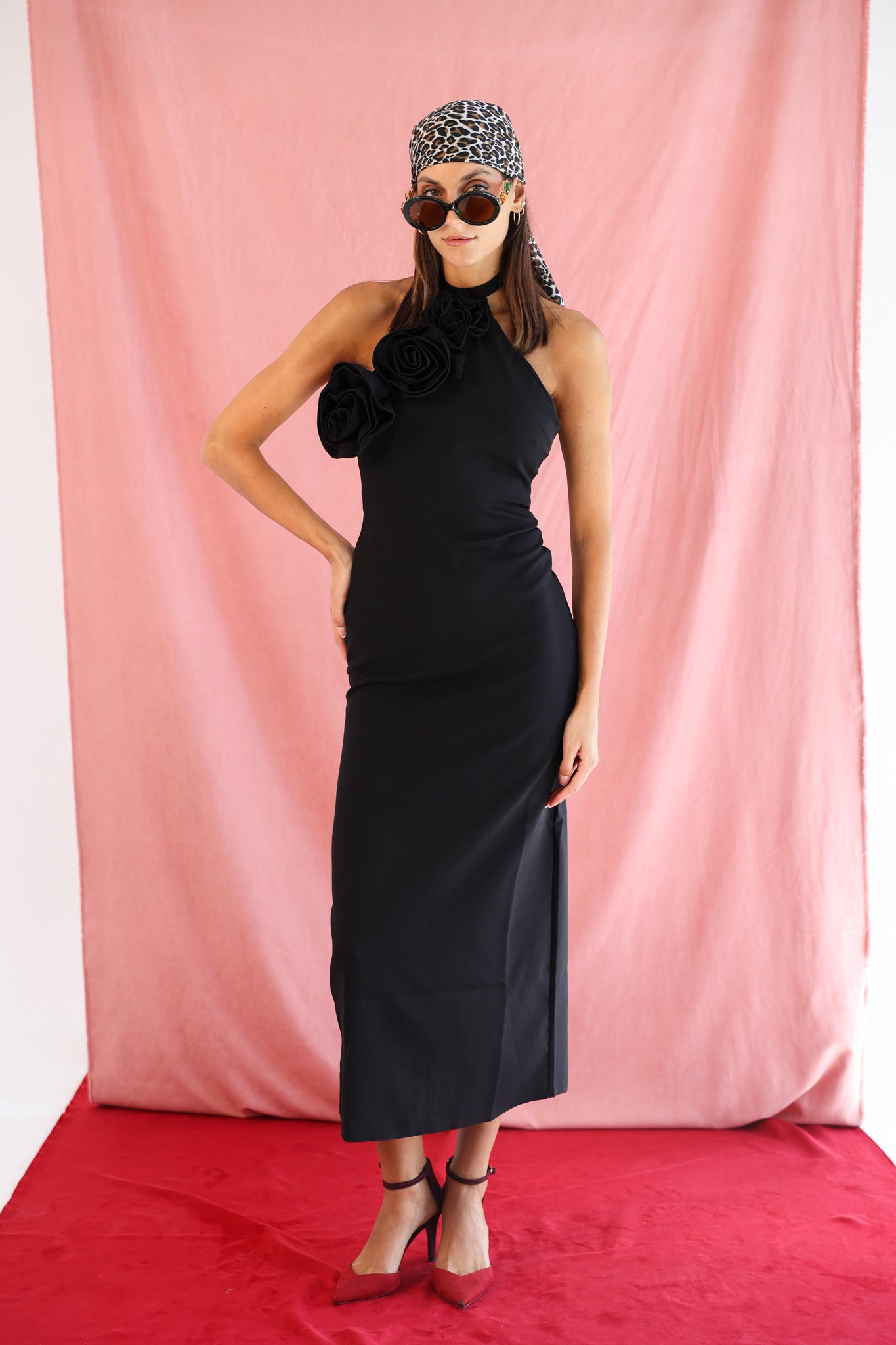 Halter neck dress with flower  in Black