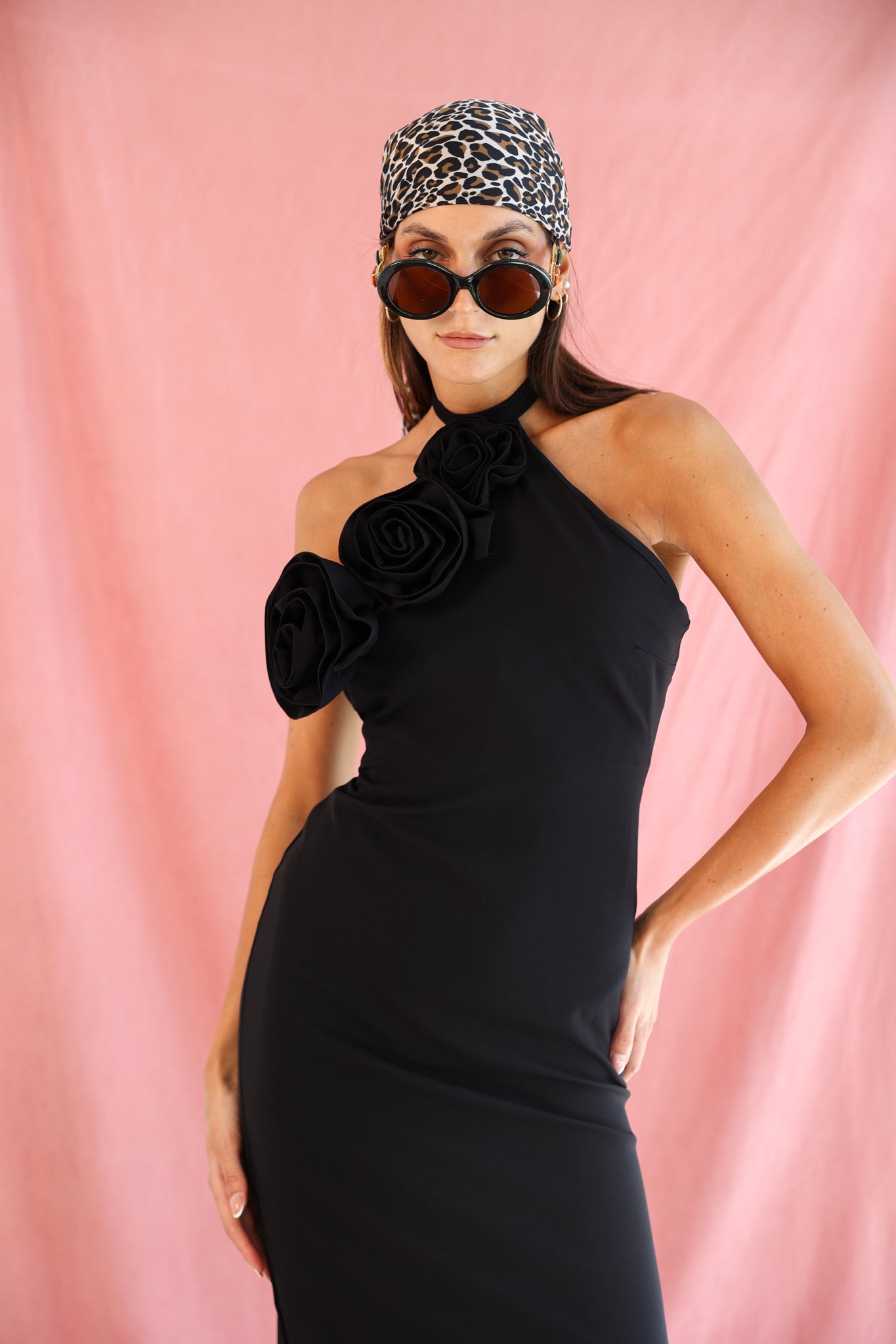 Halter neck dress with flower  in Black