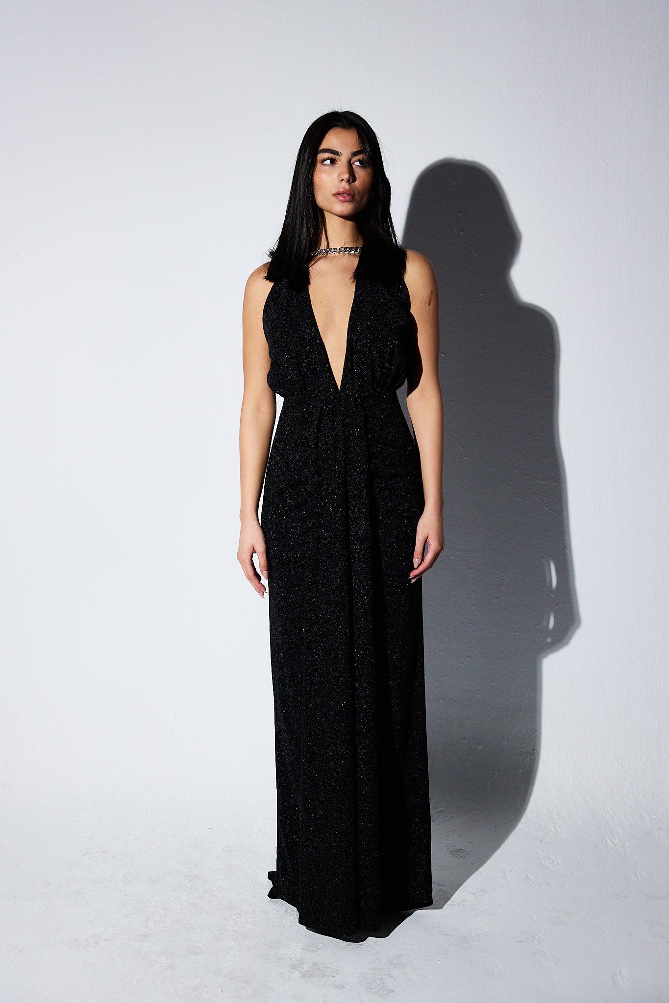 SHIMMERY HALTER NECK DRESS WITH CHAINS IN BLACK