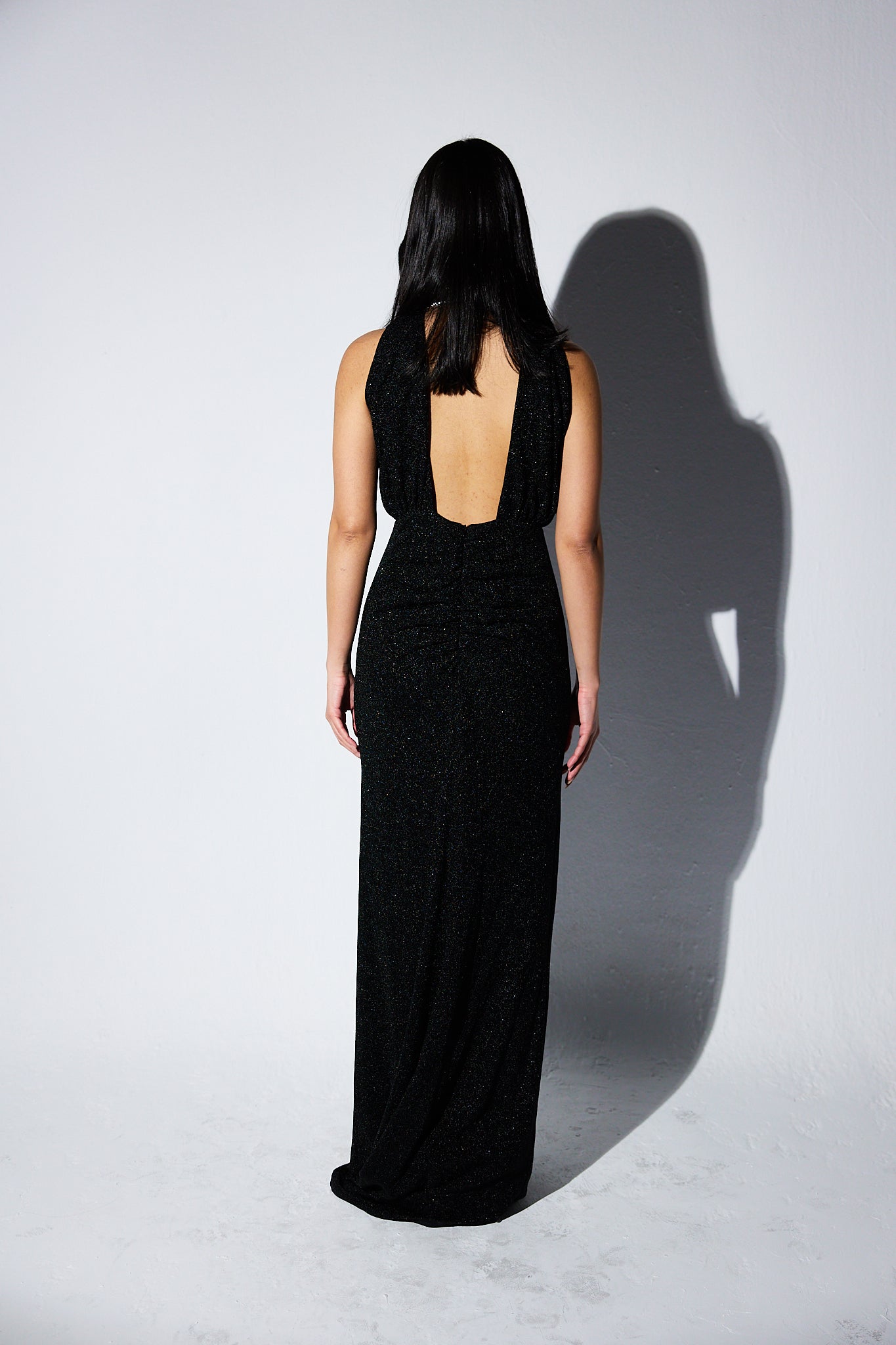 SHIMMERY HALTER NECK DRESS WITH CHAINS IN BLACK