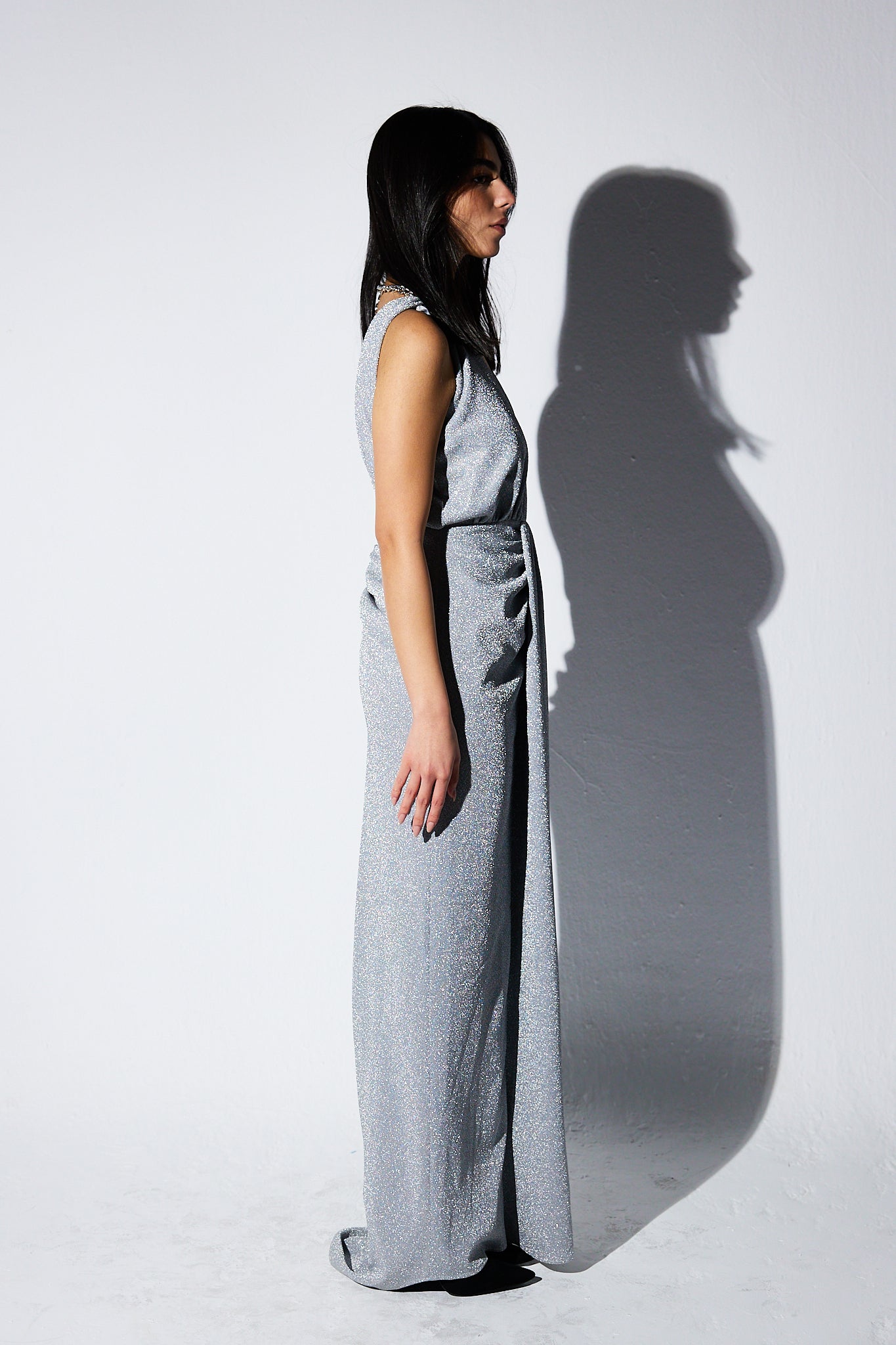 SHIMMERY HALTER NECK DRESS WITH CHAINS IN SILVER
