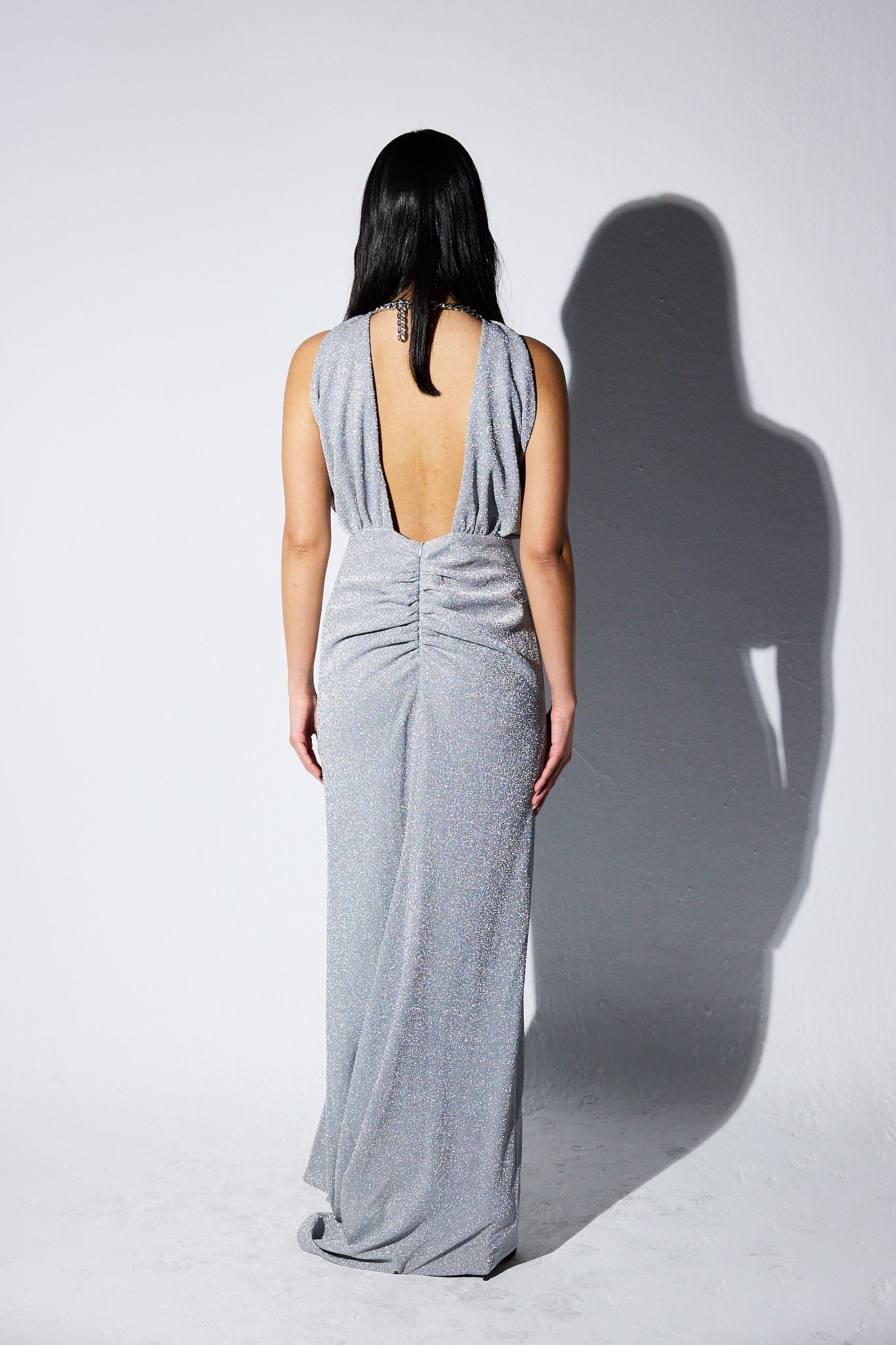 SHIMMERY HALTER NECK DRESS WITH CHAINS IN SILVER