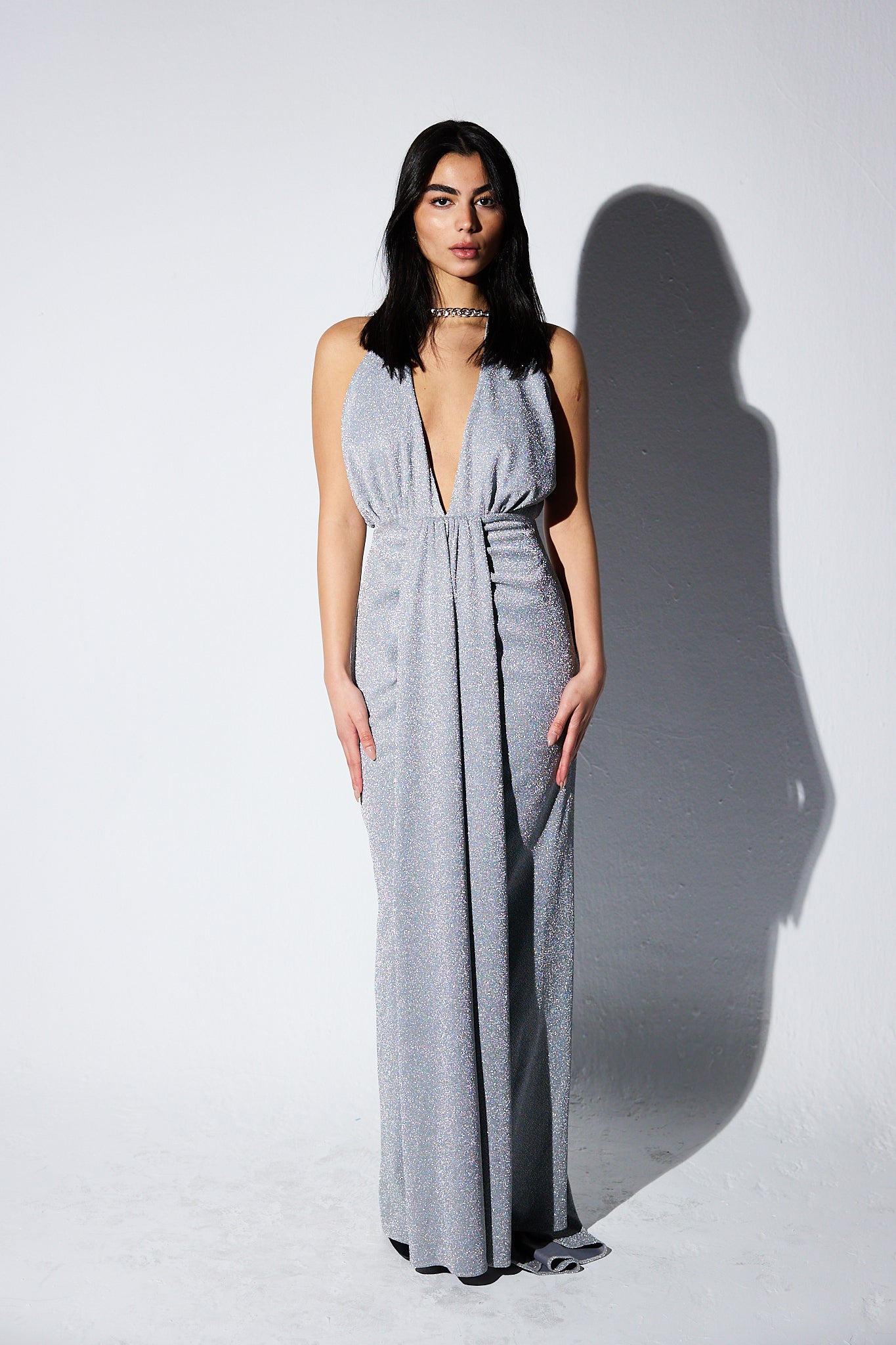 SHIMMERY HALTER NECK DRESS WITH CHAINS IN SILVER