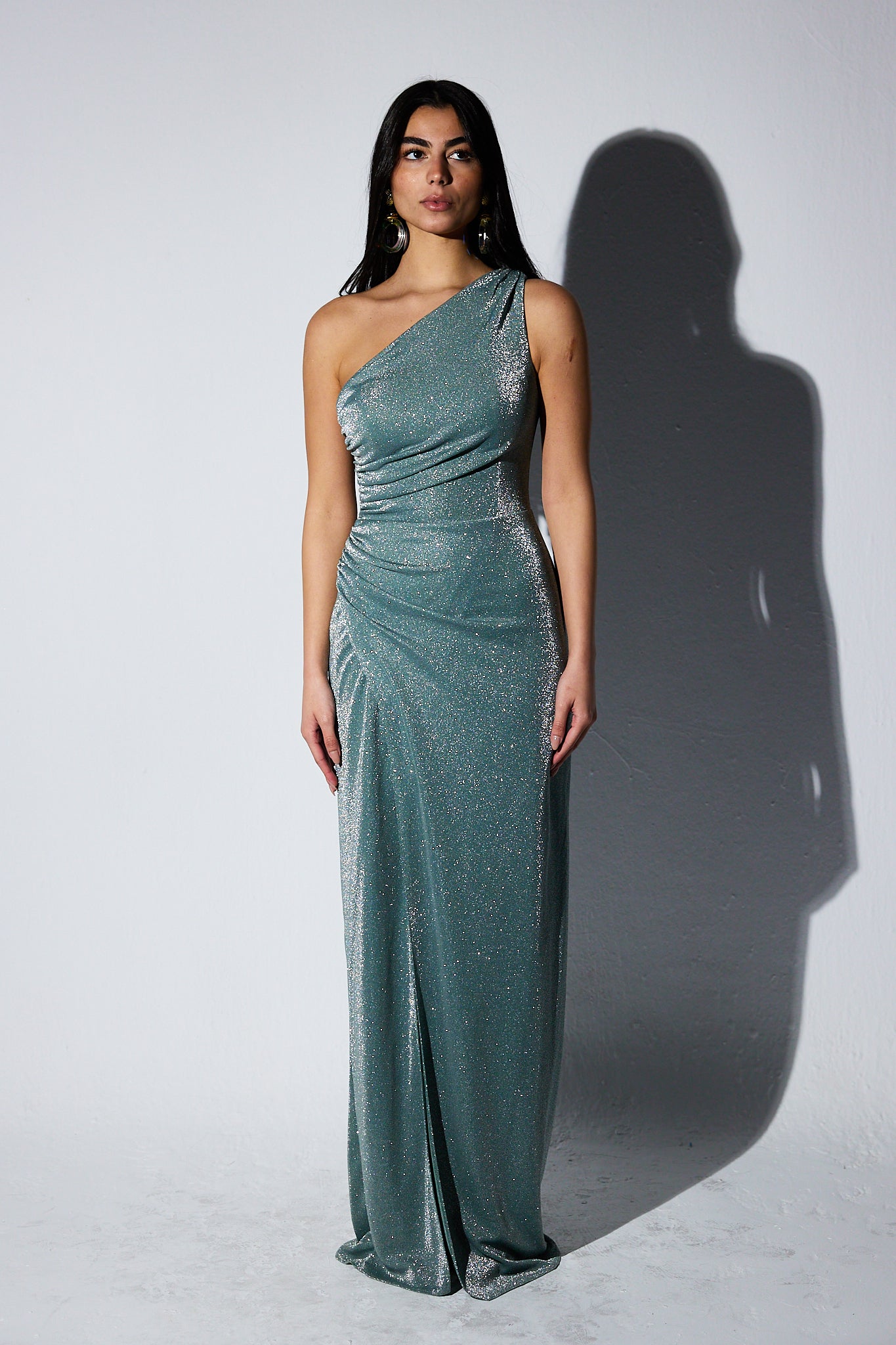 Shimmery One shoulder dress with slit in Mint