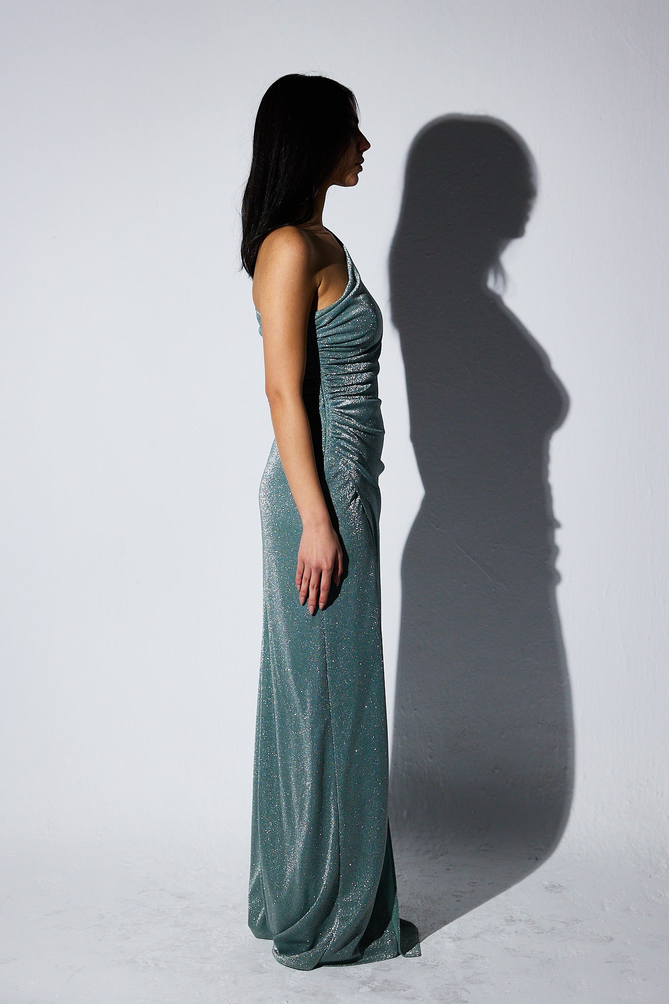 Shimmery One shoulder dress with slit in Mint