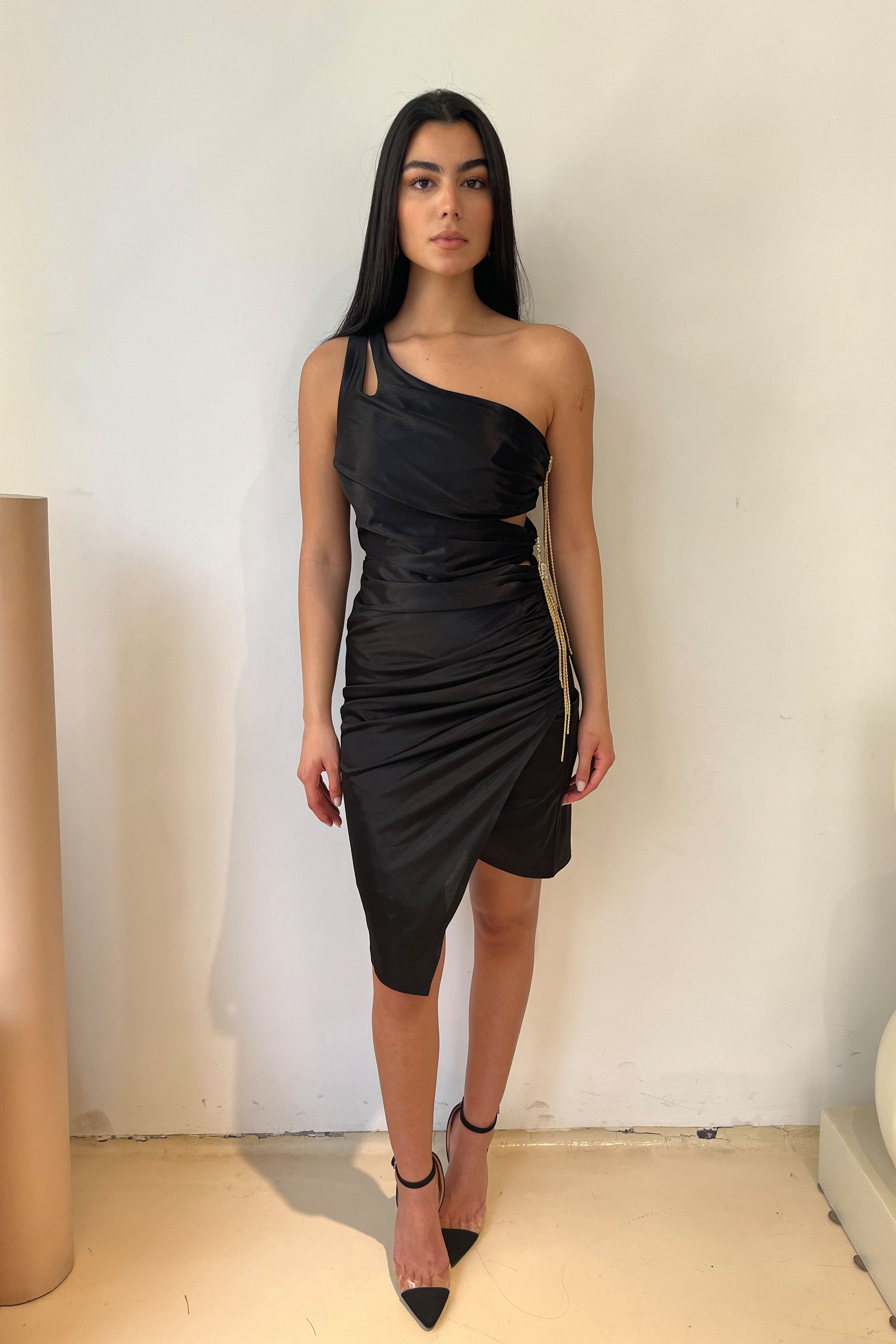 One shoulder see through dress in Black
