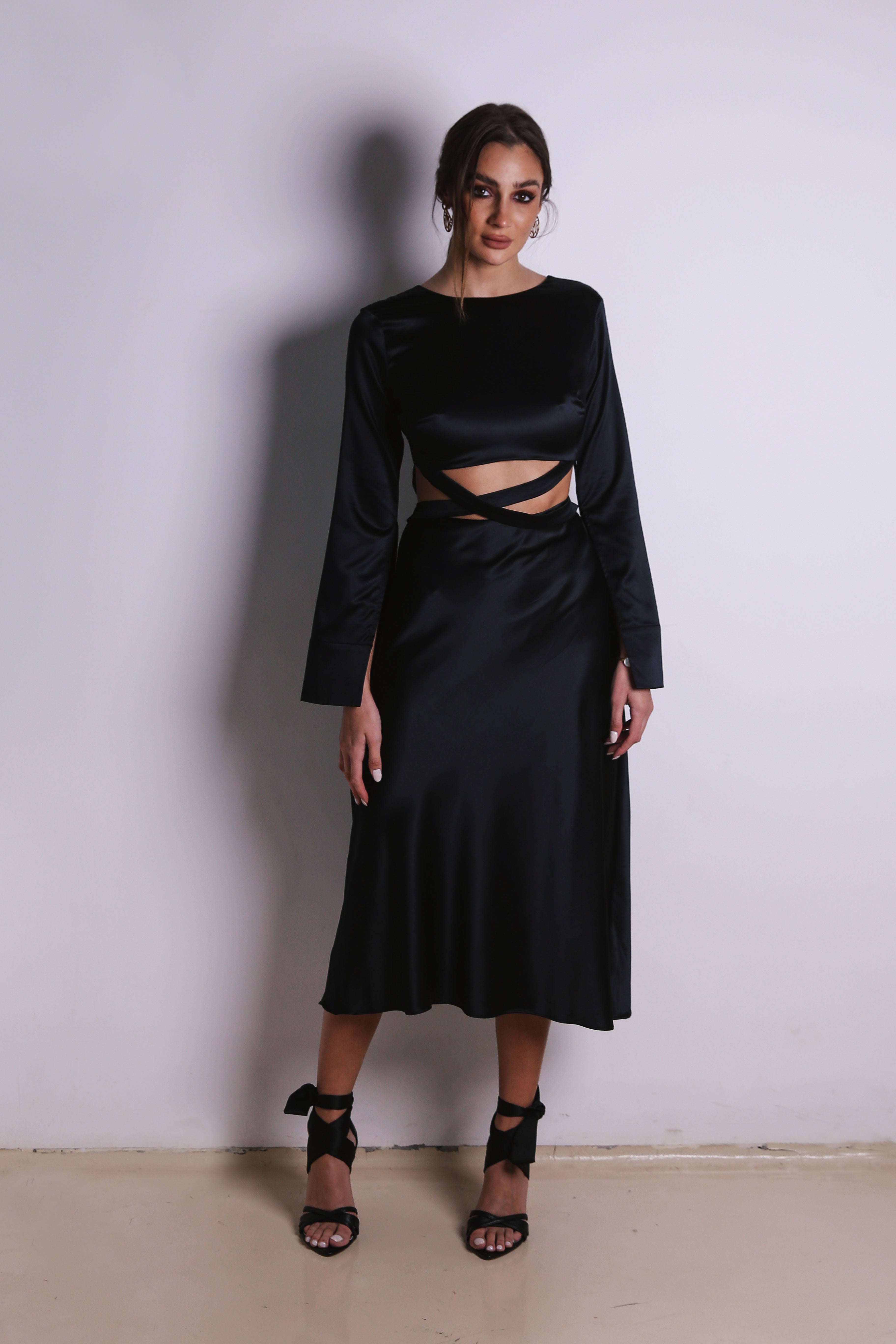 Long sleeve satin dress in Black