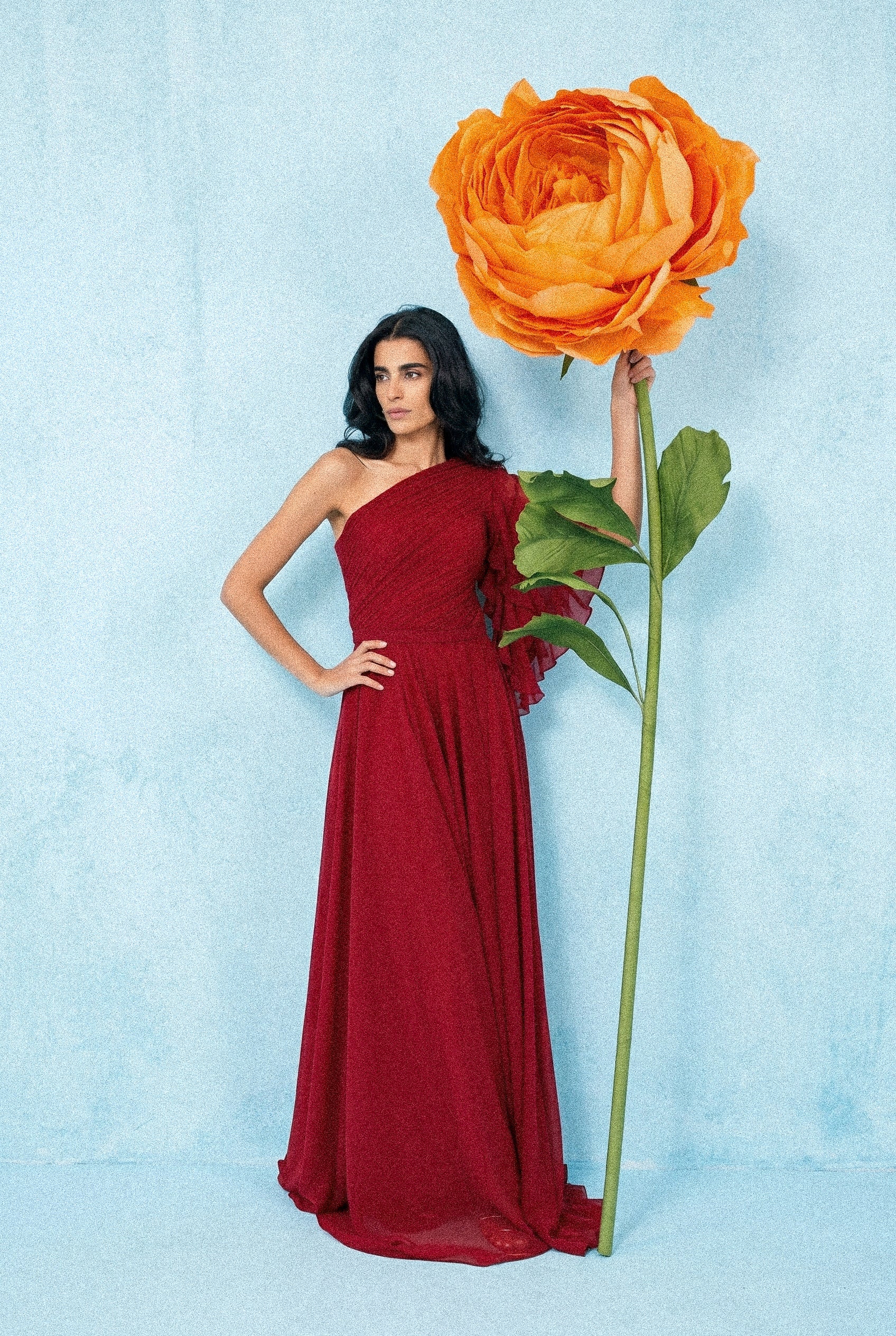 red one shoulder chiffon dress The Emilia | Red Formal Dress A-Line One Shoulder Ruffle Chiffon Maxi Dress with Slit