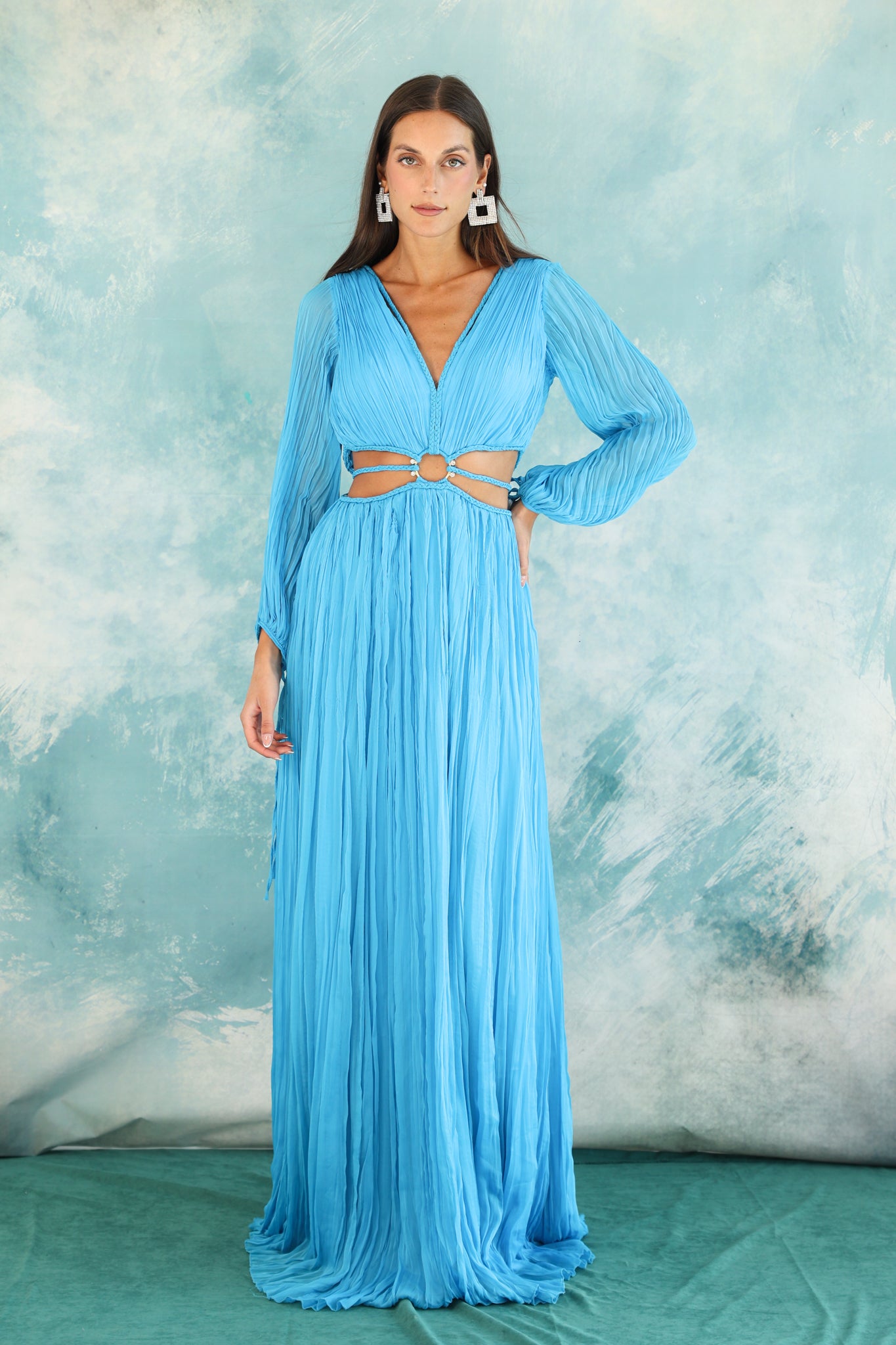 Long sleeve cut out dress in turquoise