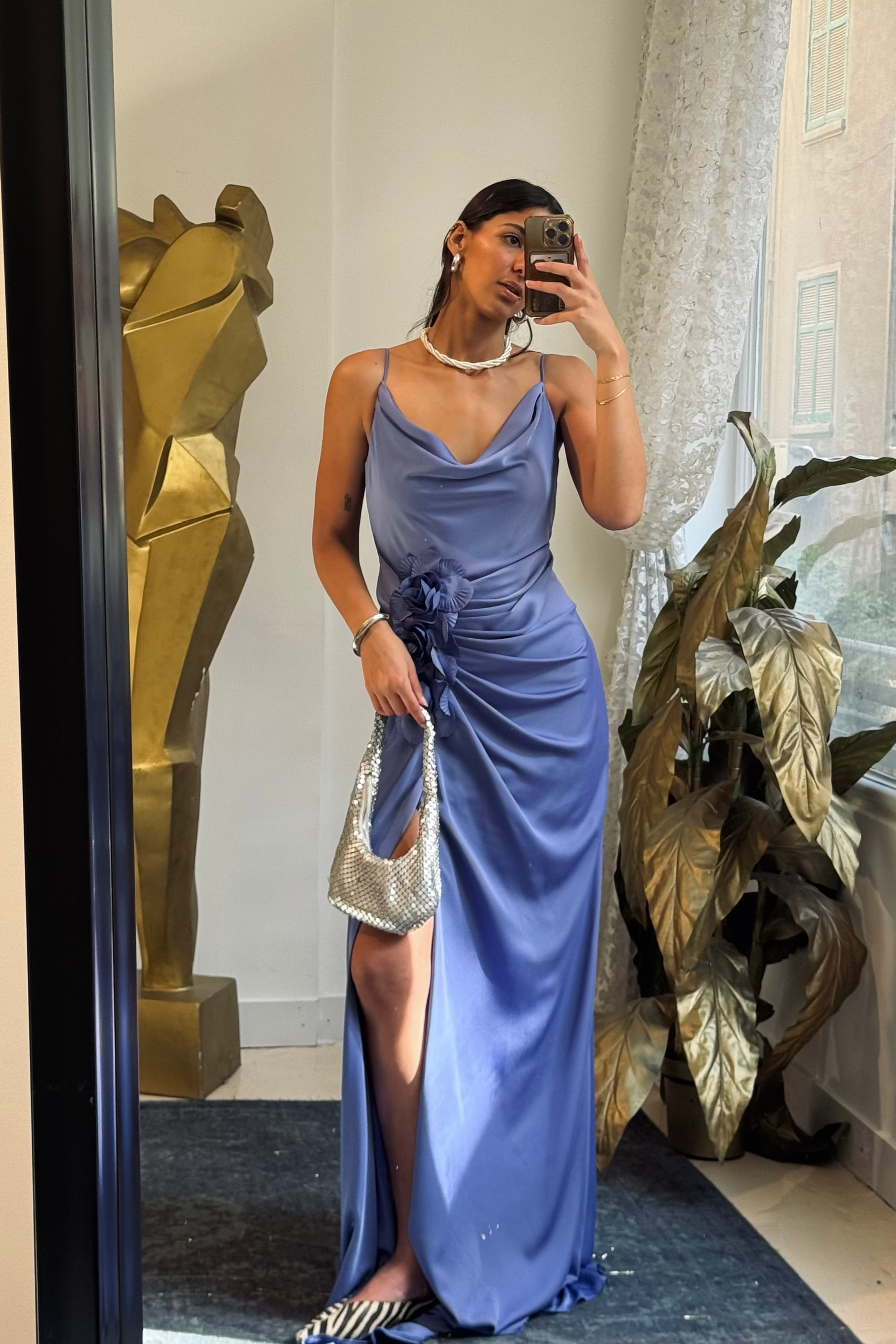 Satin dress with flowers in purple