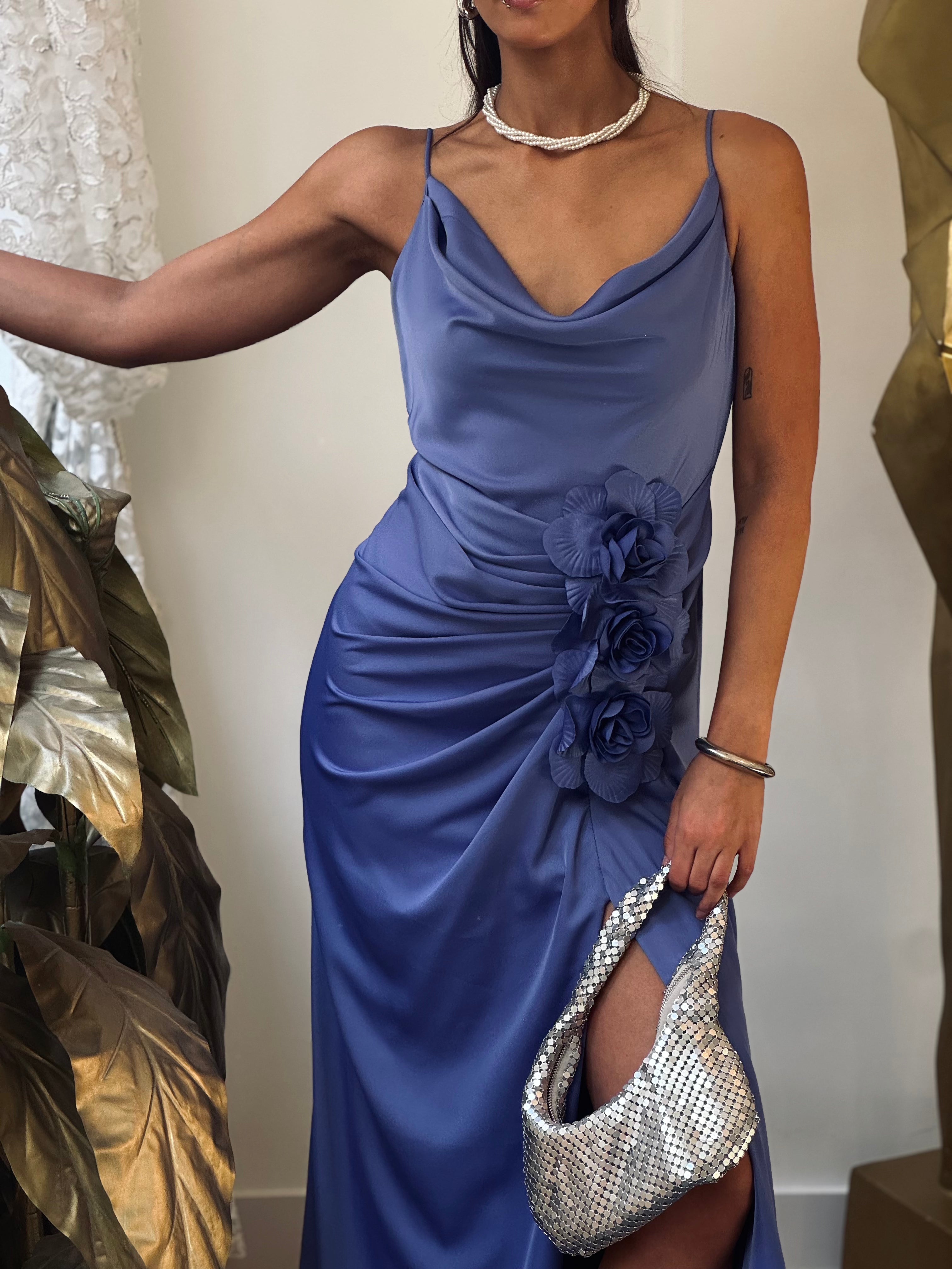 Satin dress with flowers in purple