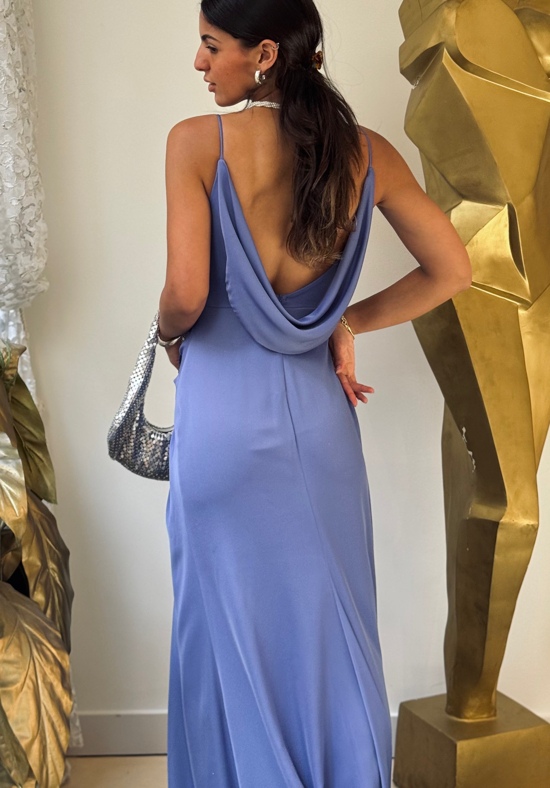 Satin dress with flowers in purple