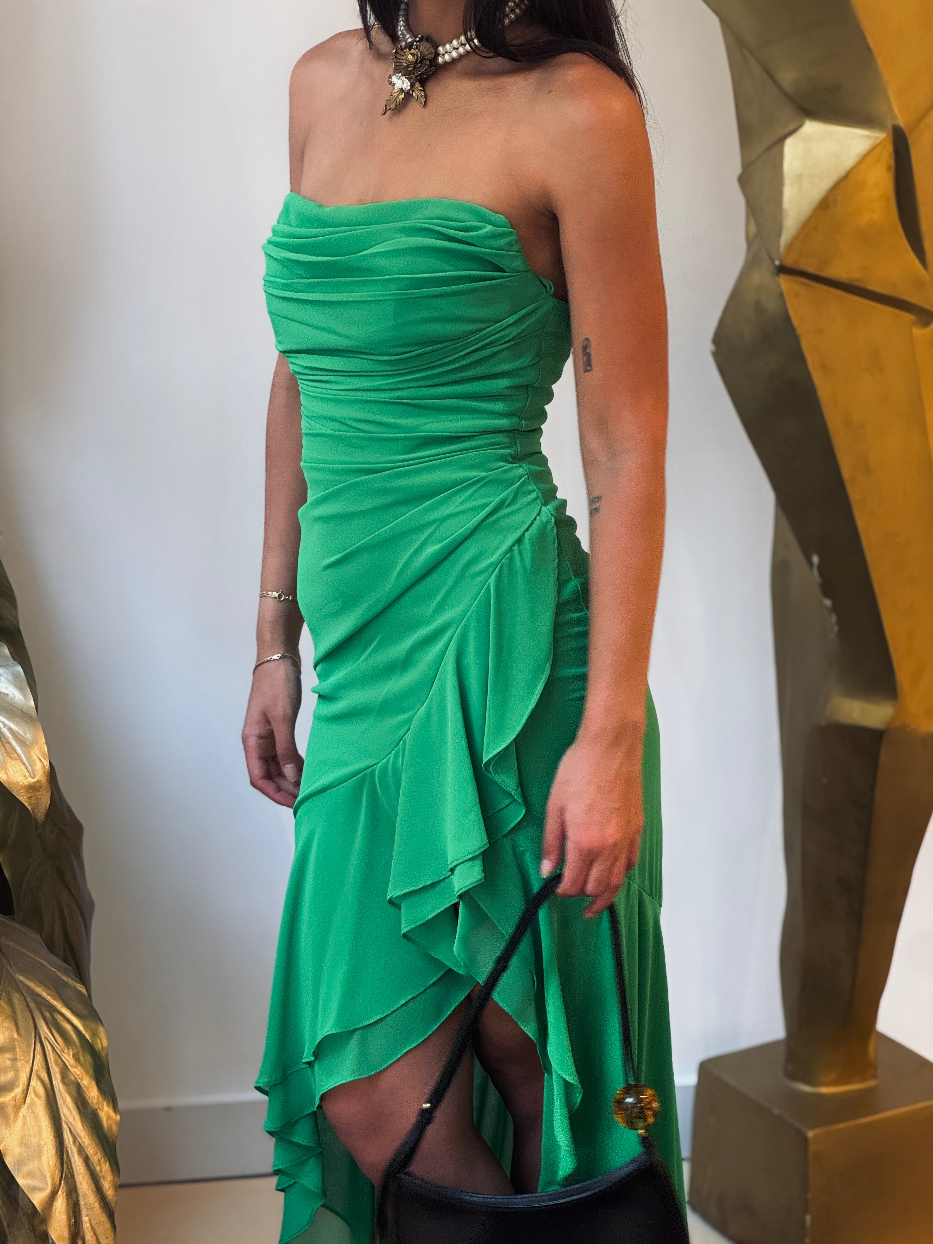 strapless ruffled dress in green