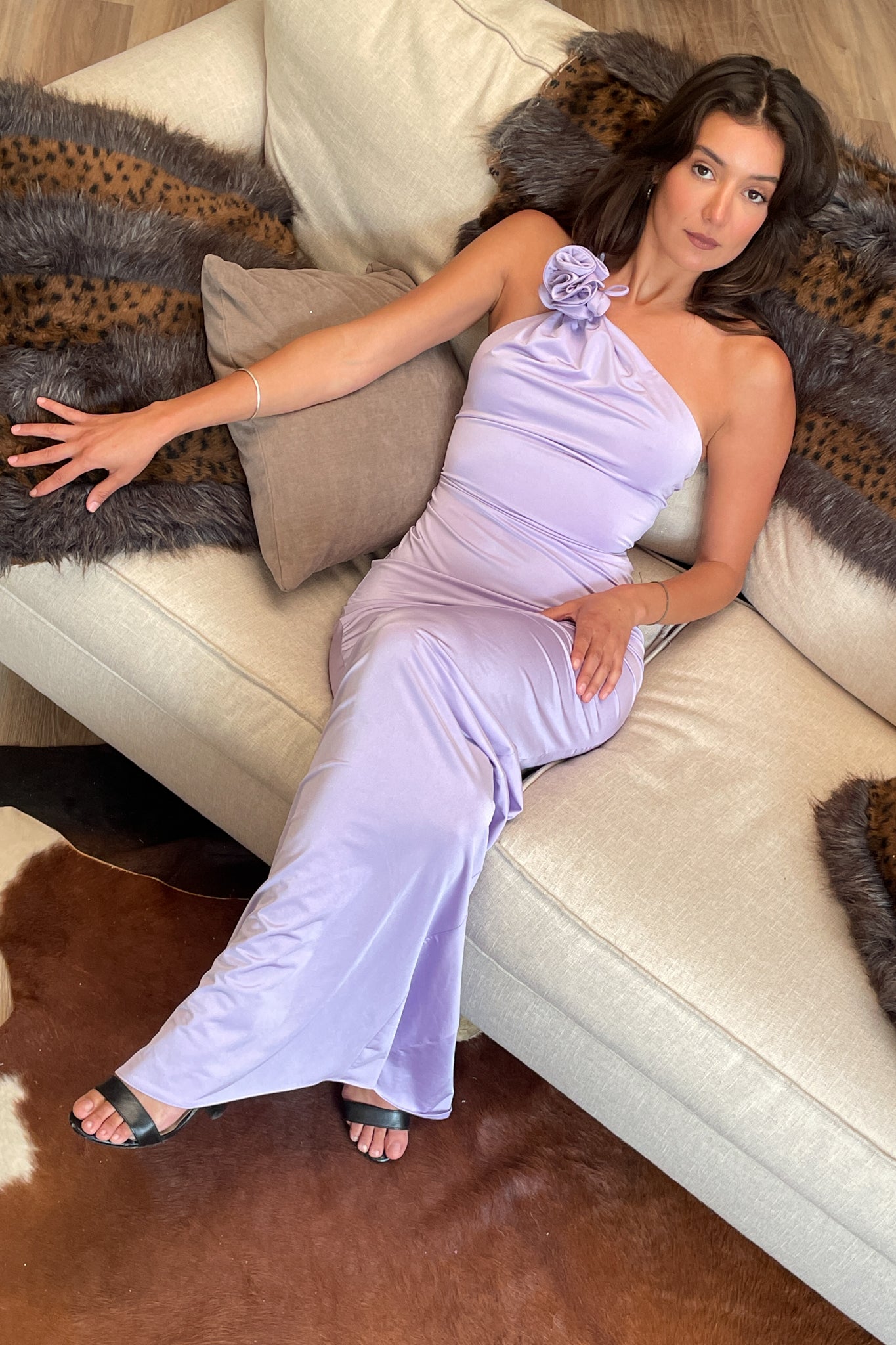 One shoulder long Dress with flower in Lilac