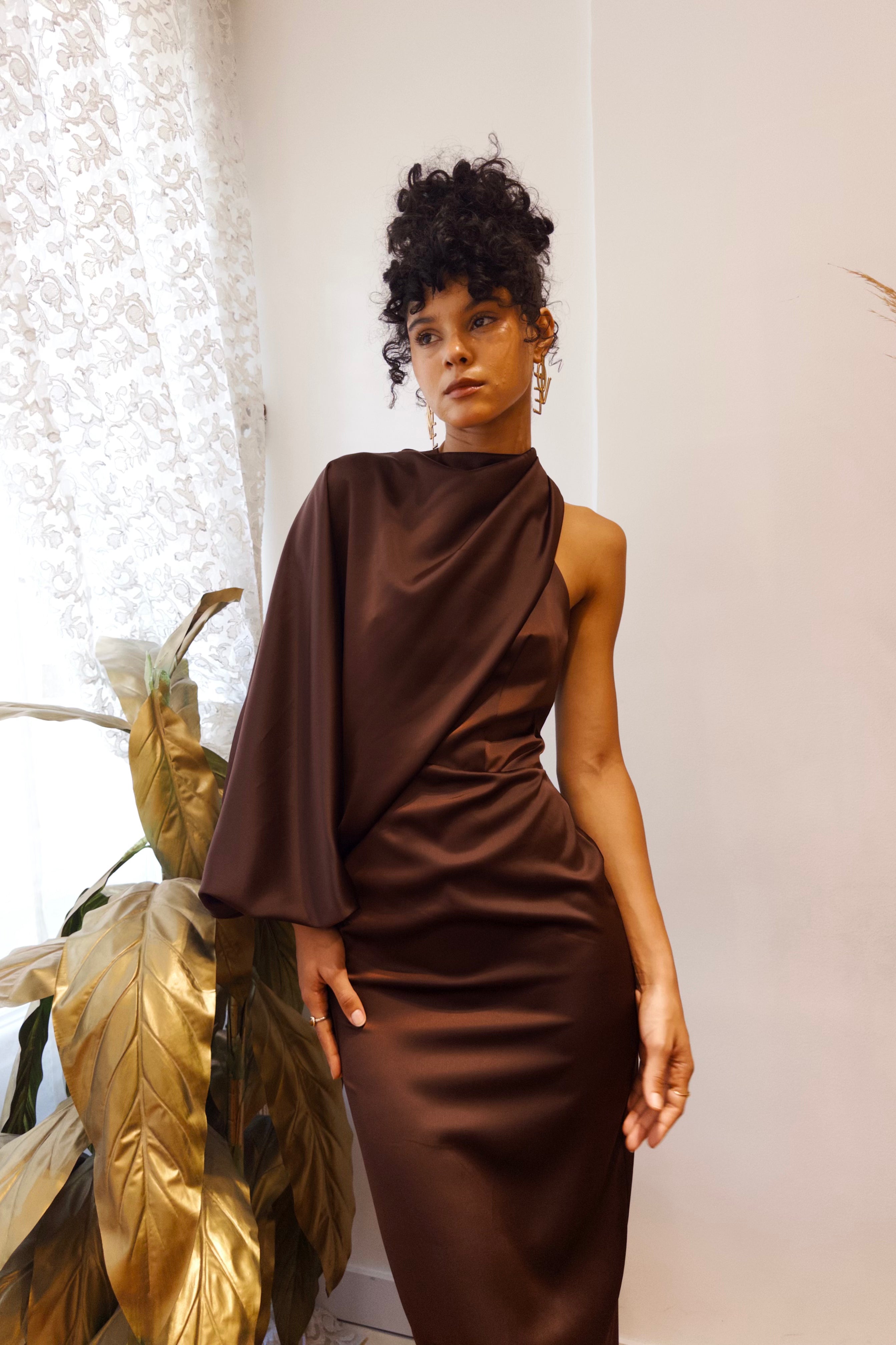 The One Shoulder Satin in Brown