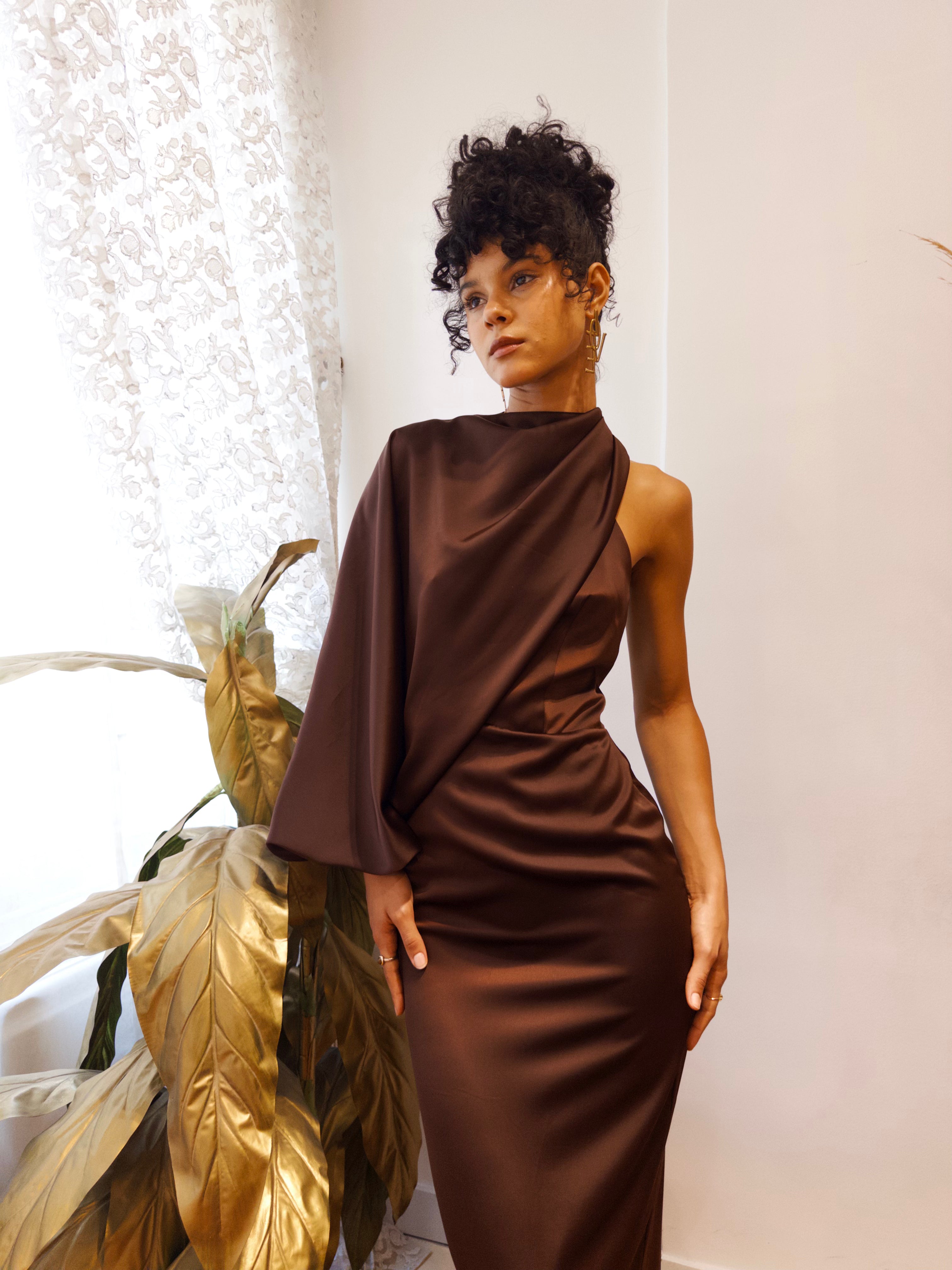 The One Shoulder Satin in Brown