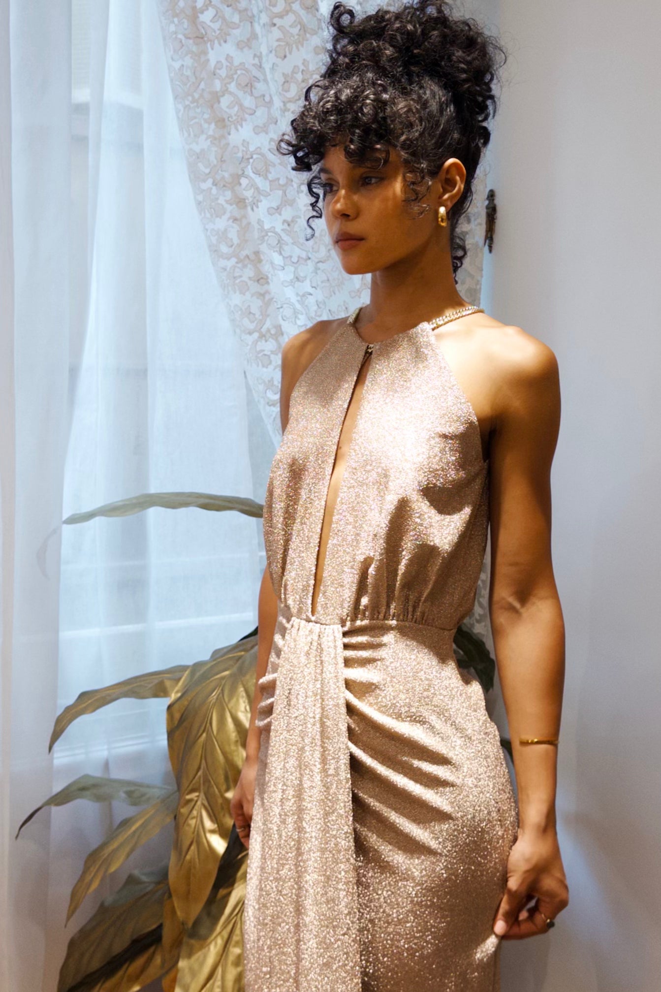 SHIMMERY HALTER NECK DRESS WITH CHAINS IN GOLD