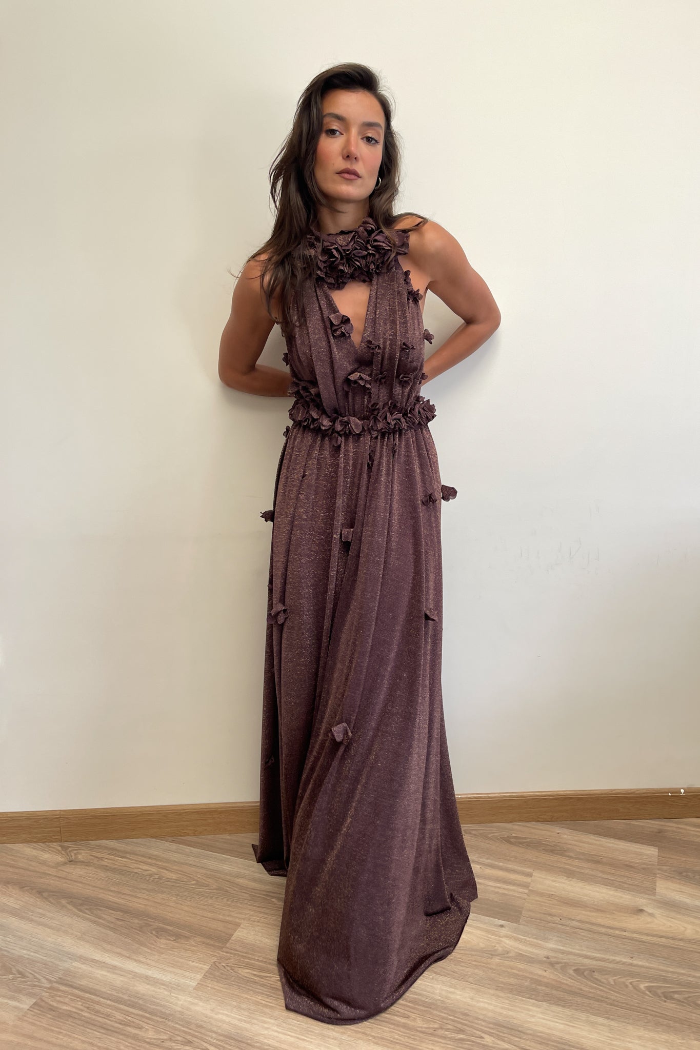 halter neck shimmery dress in brown