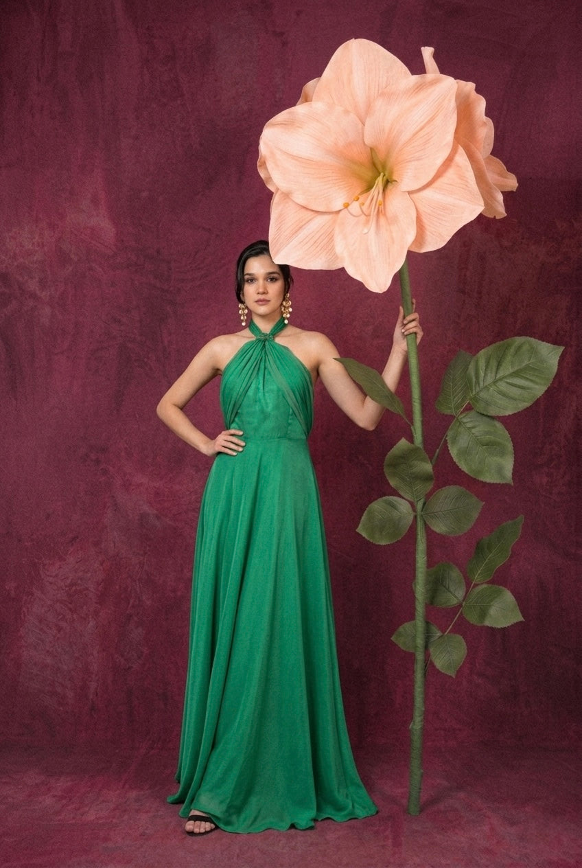 Halter neck backless organza long dress with slit in green – Weaving Grace