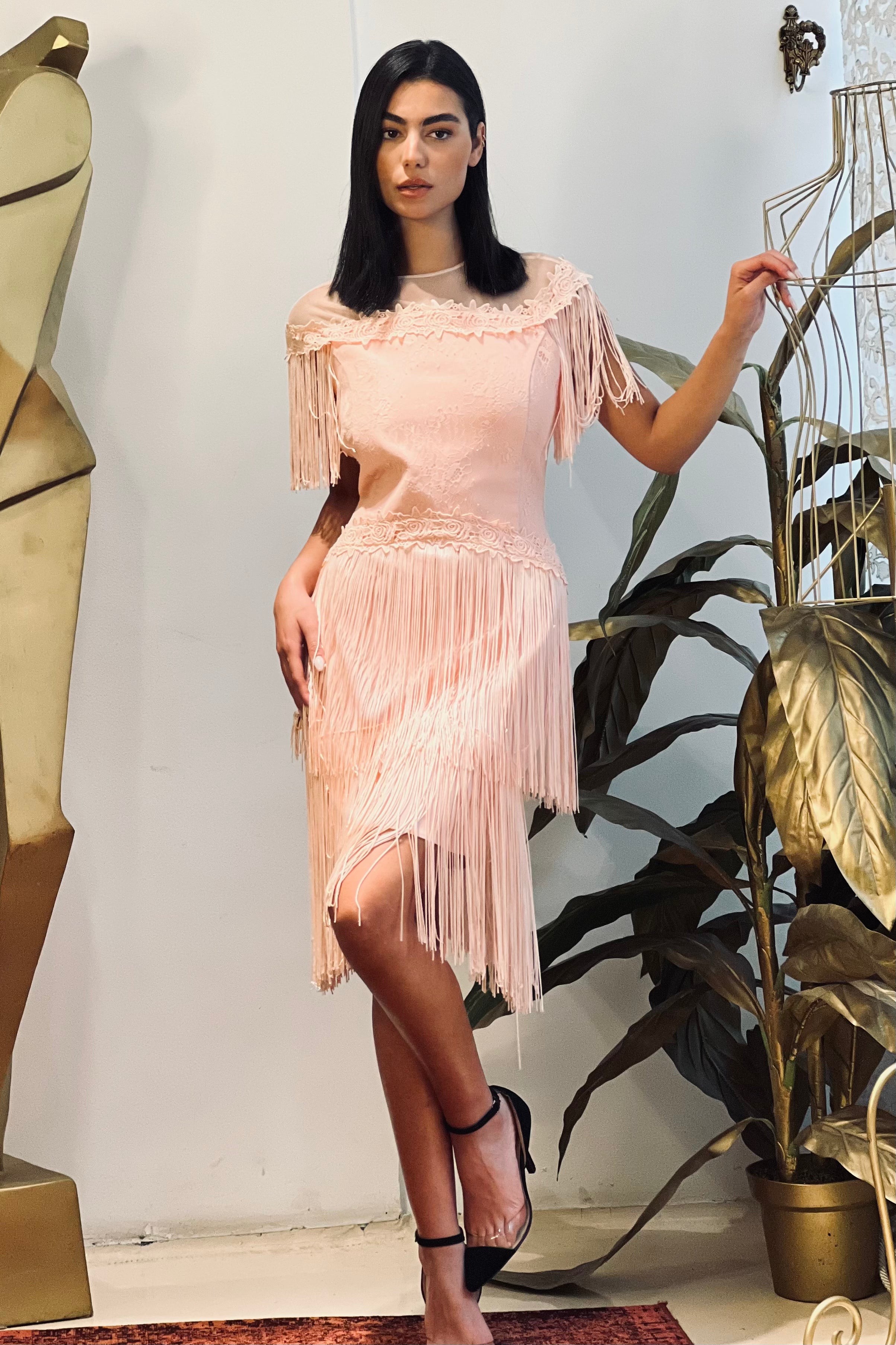 lace dress with ruffles in Powder Pink