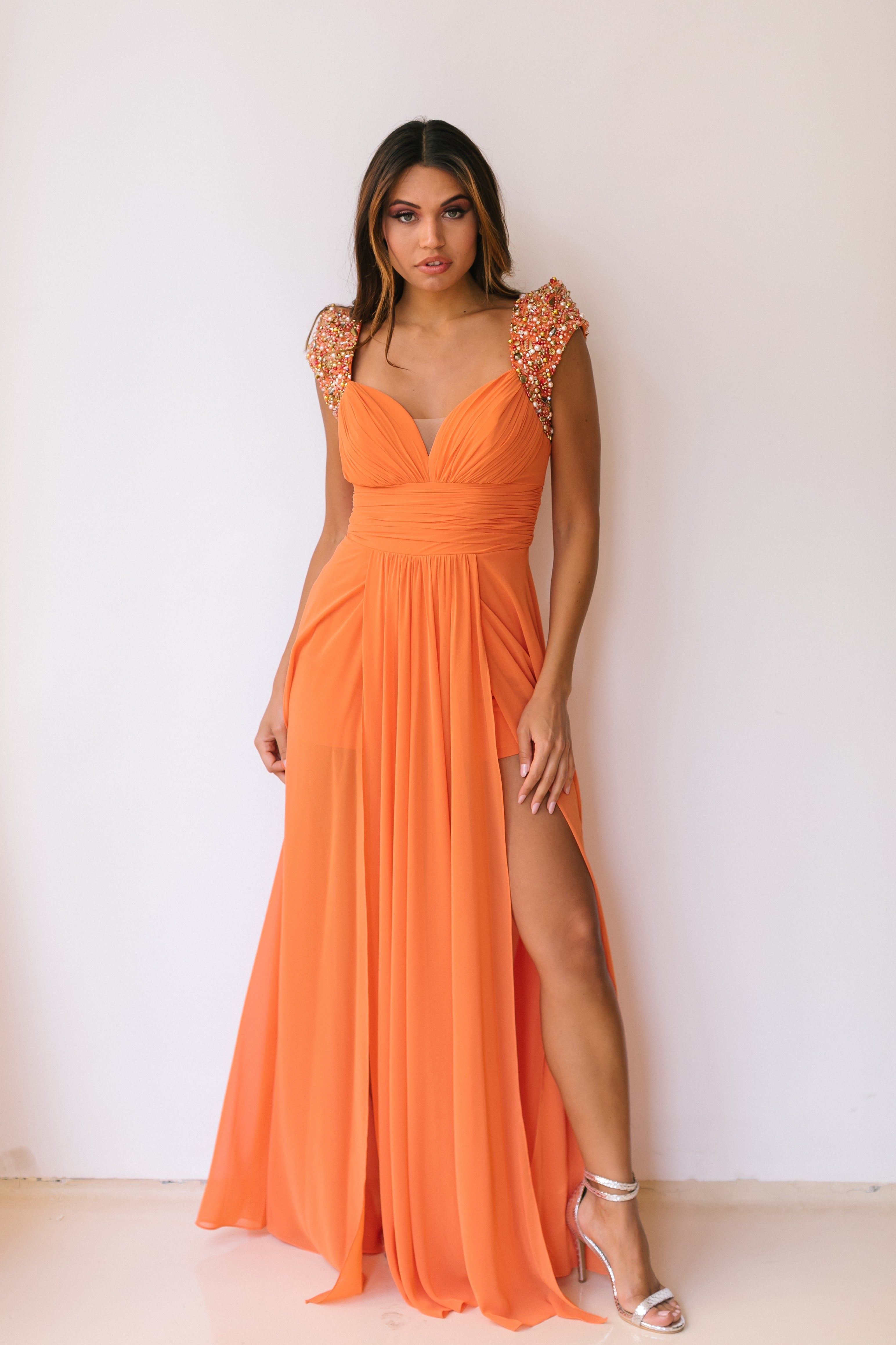 embellished shoulder dress in Orange