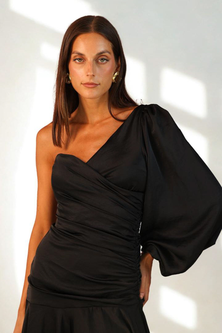 One shoulder Draped Satin Dress in Black