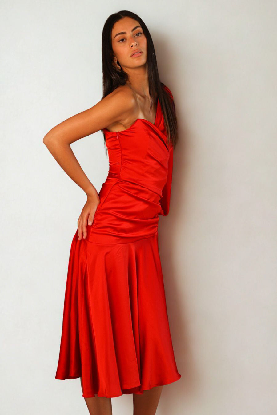 One shoulder Draped Satin Dress in Red