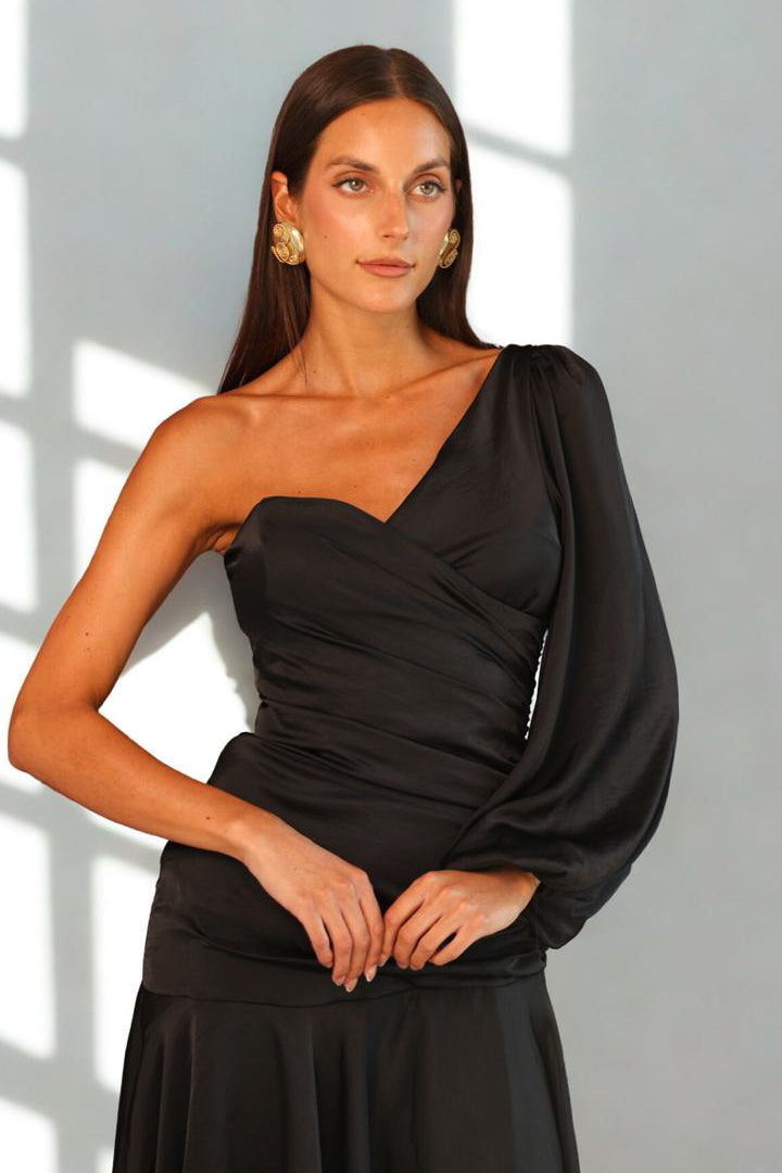 One shoulder Draped Satin Dress in Black