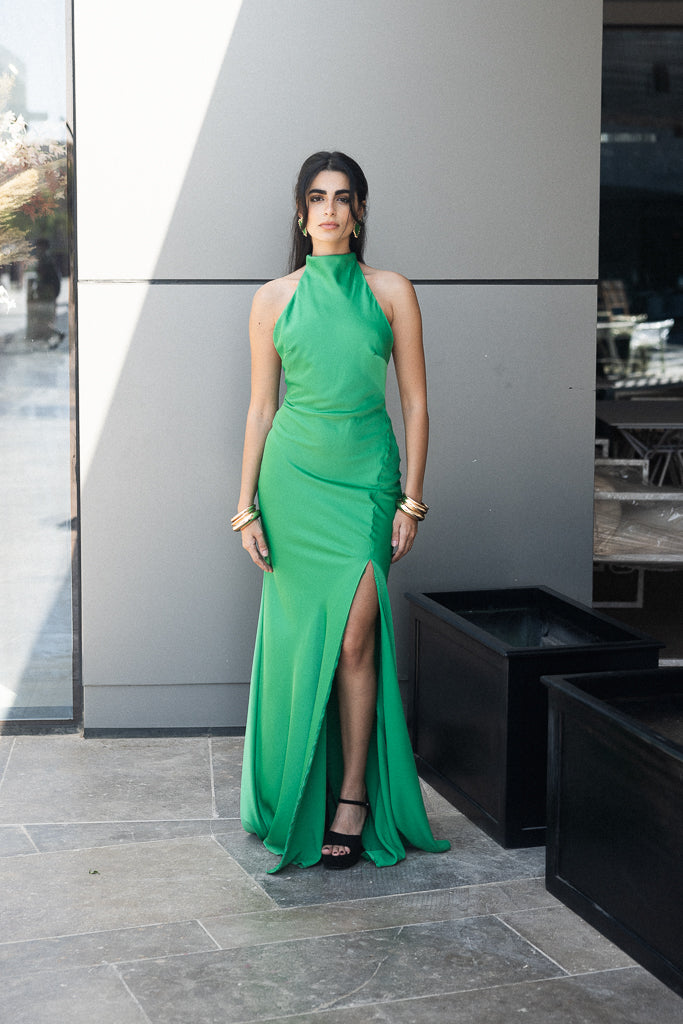 Halter neck long dress with slit in Green