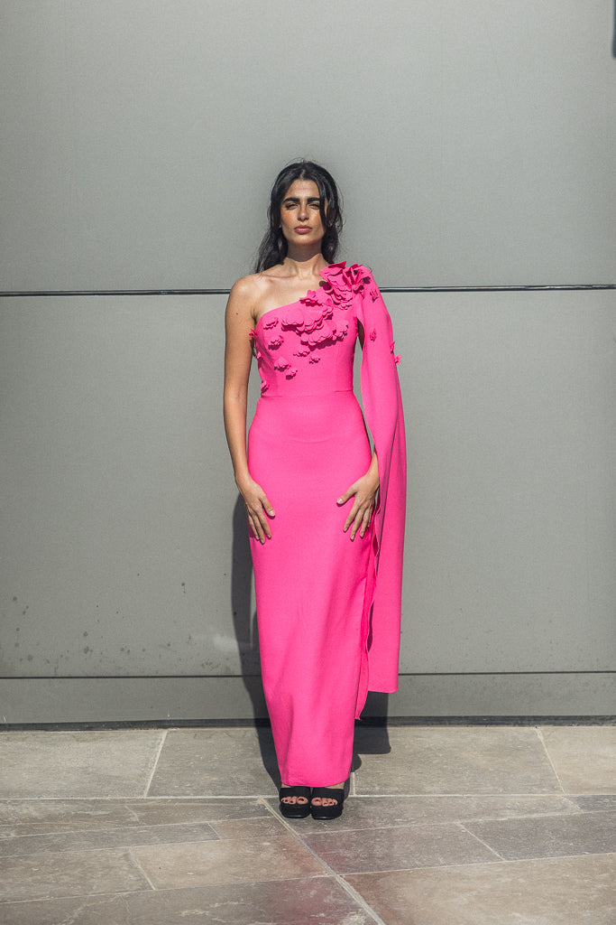 One Sleeve long dress with flowers in Fuchsia