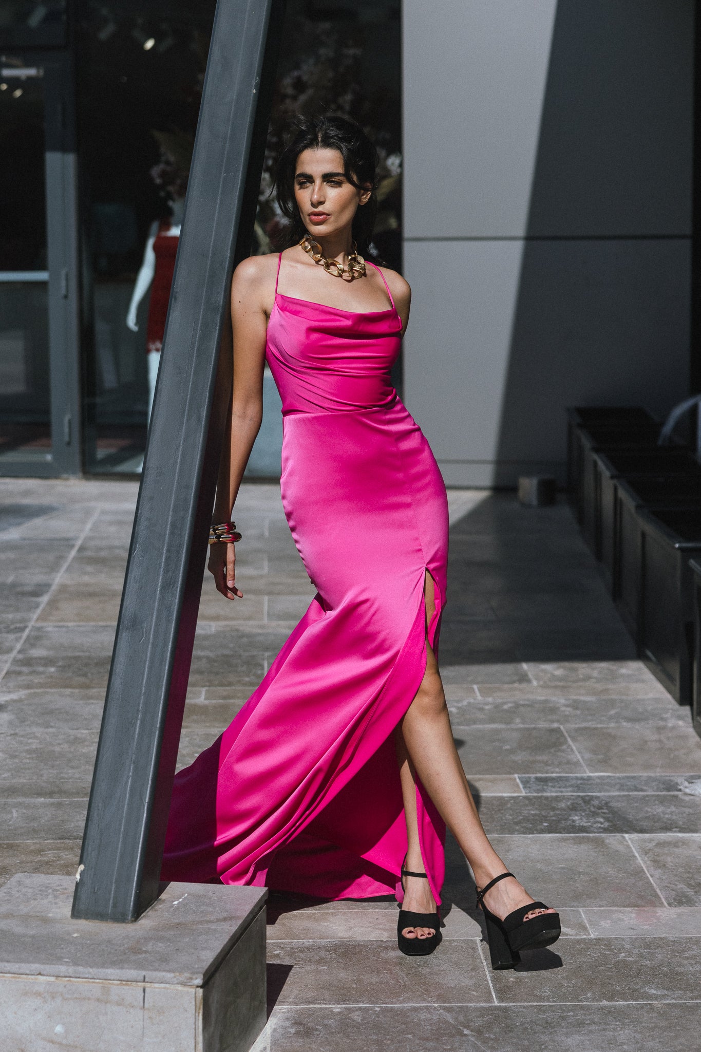 Backless Satin Long Dress in Fuchsia