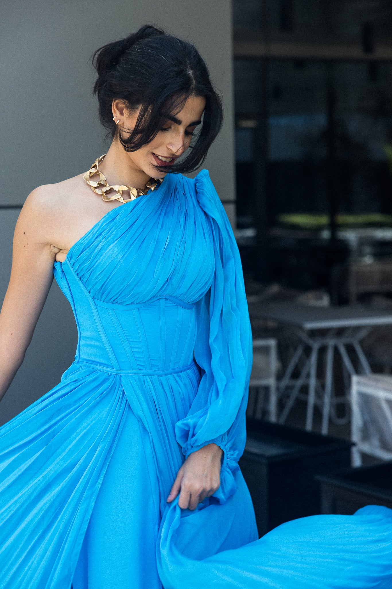 One sleeve Draped Long dress in Turquoise