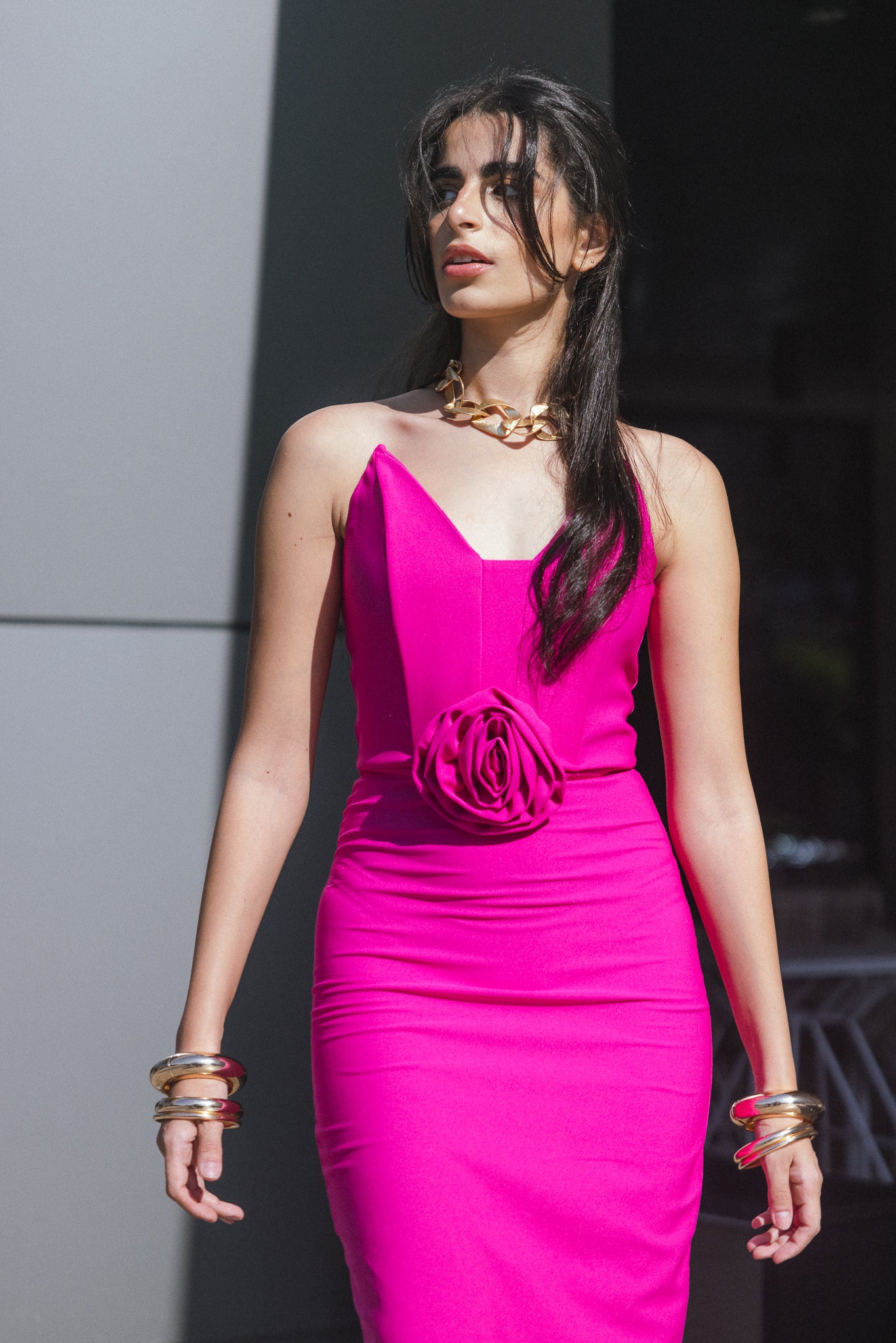 Flower Midi Dress in Fuchsia