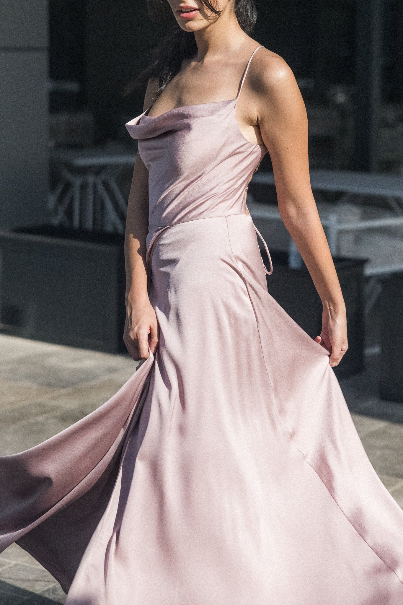 Backless Satin Long Dress in Pink