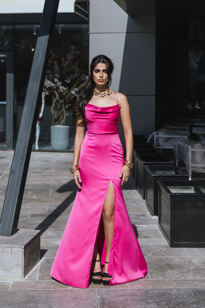 Backless Satin Long Dress in Fuchsia