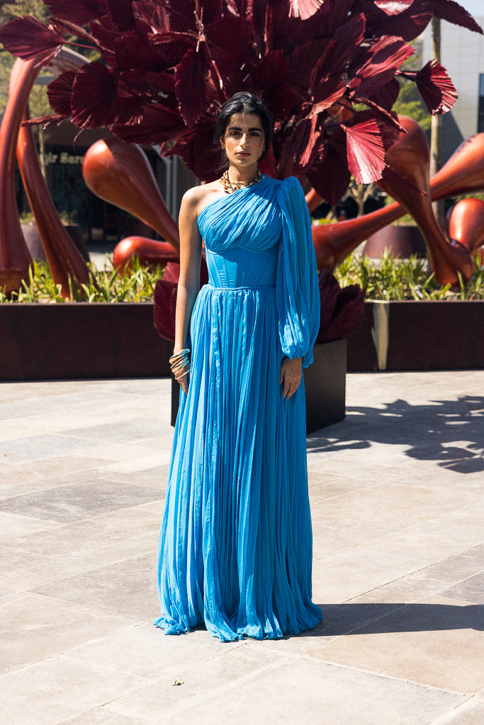 One sleeve Draped Long dress in Turquoise