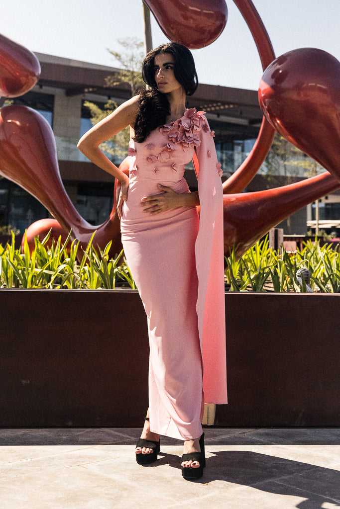 One Sleeve long dress with flowers in Pink