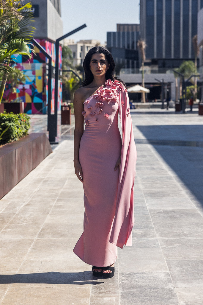 One Sleeve long dress with flowers in Pink
