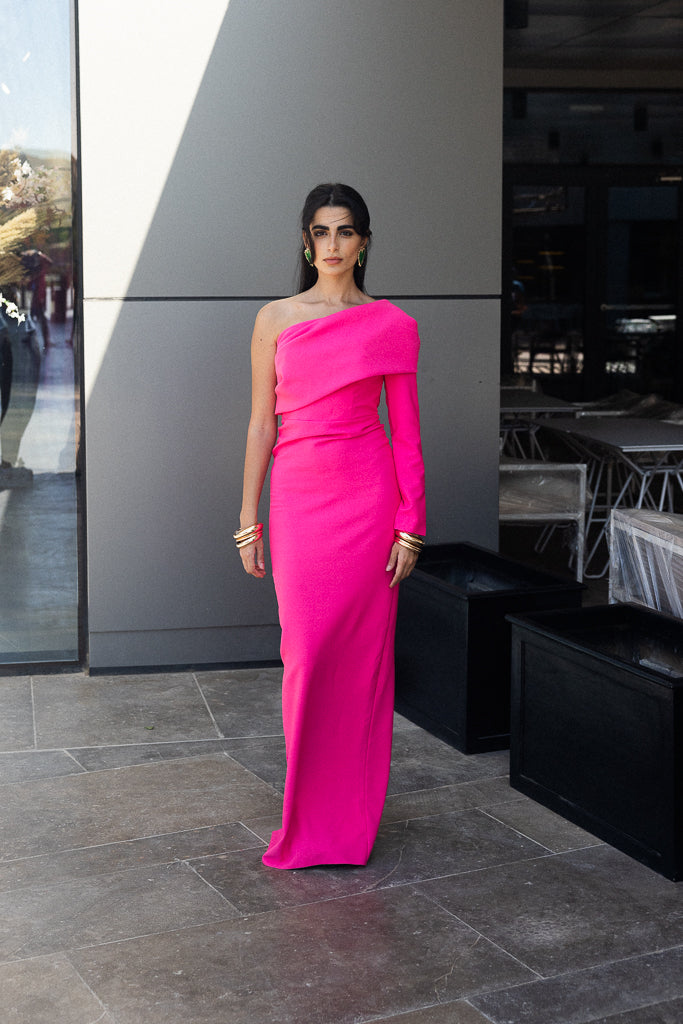 One Sleeve long dress in Fuchsia