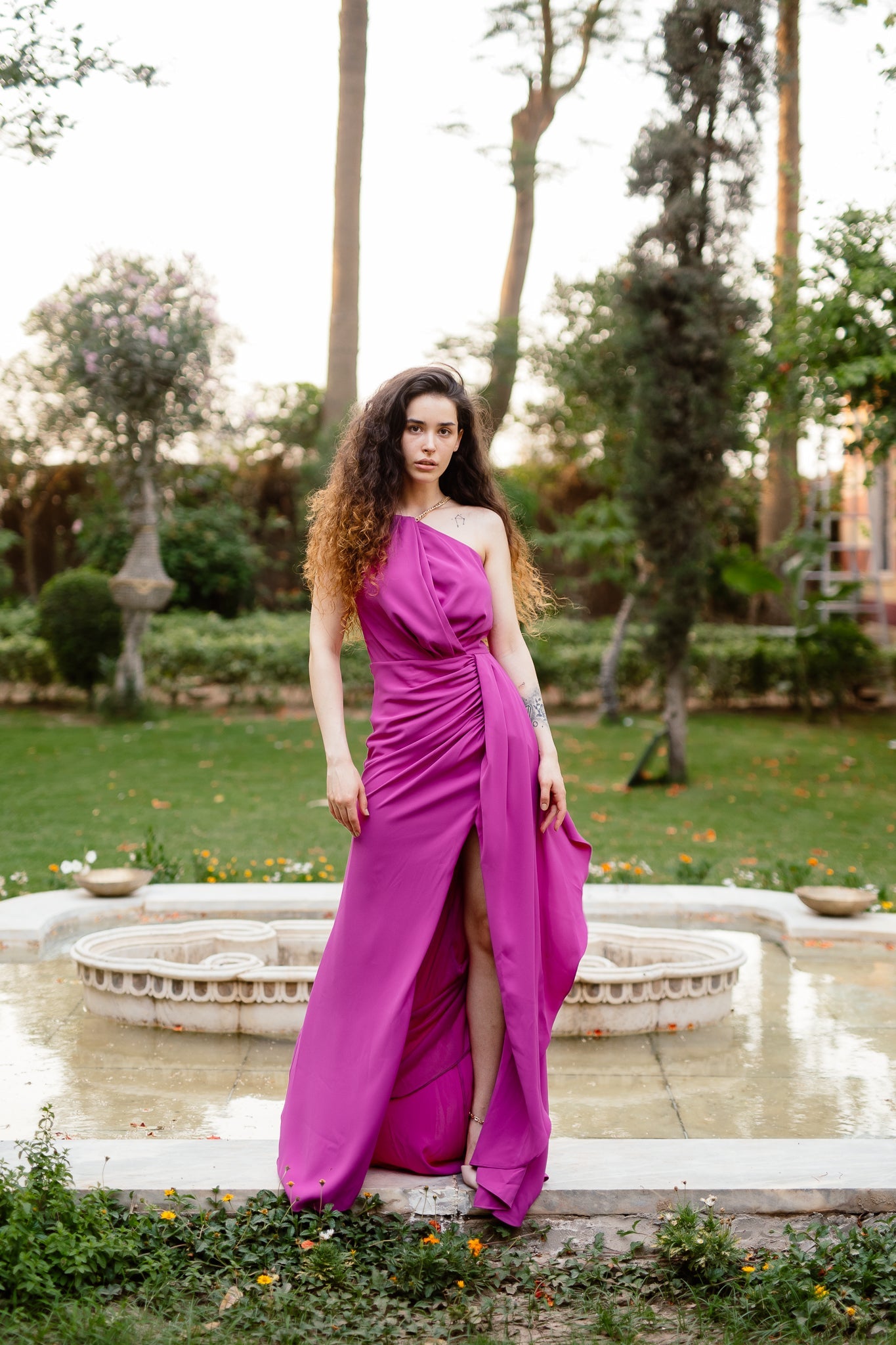 Halter neck dress with slit in Hot Pink