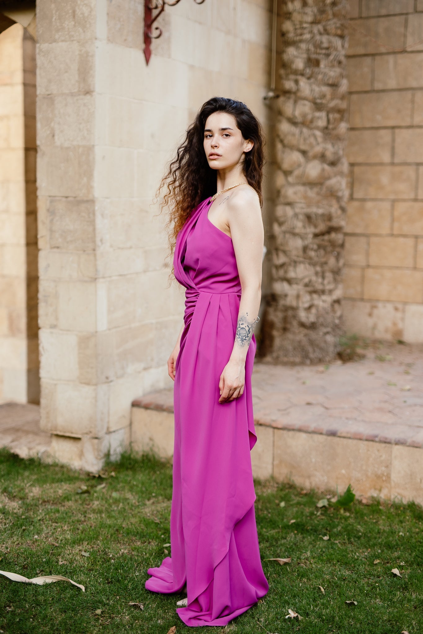 Halter neck dress with slit in Hot Pink