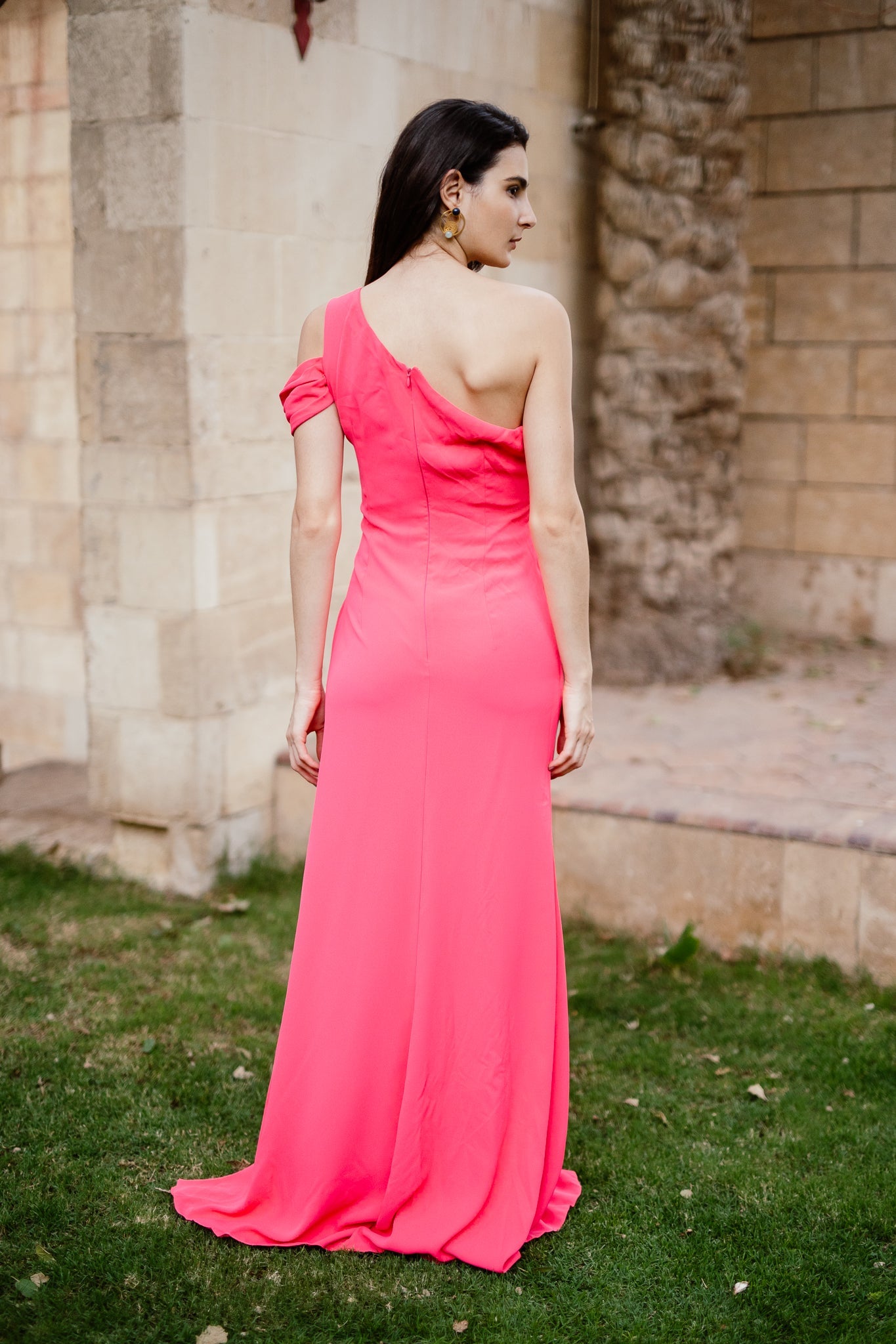 One shoulder crepe dress in Hot Pink