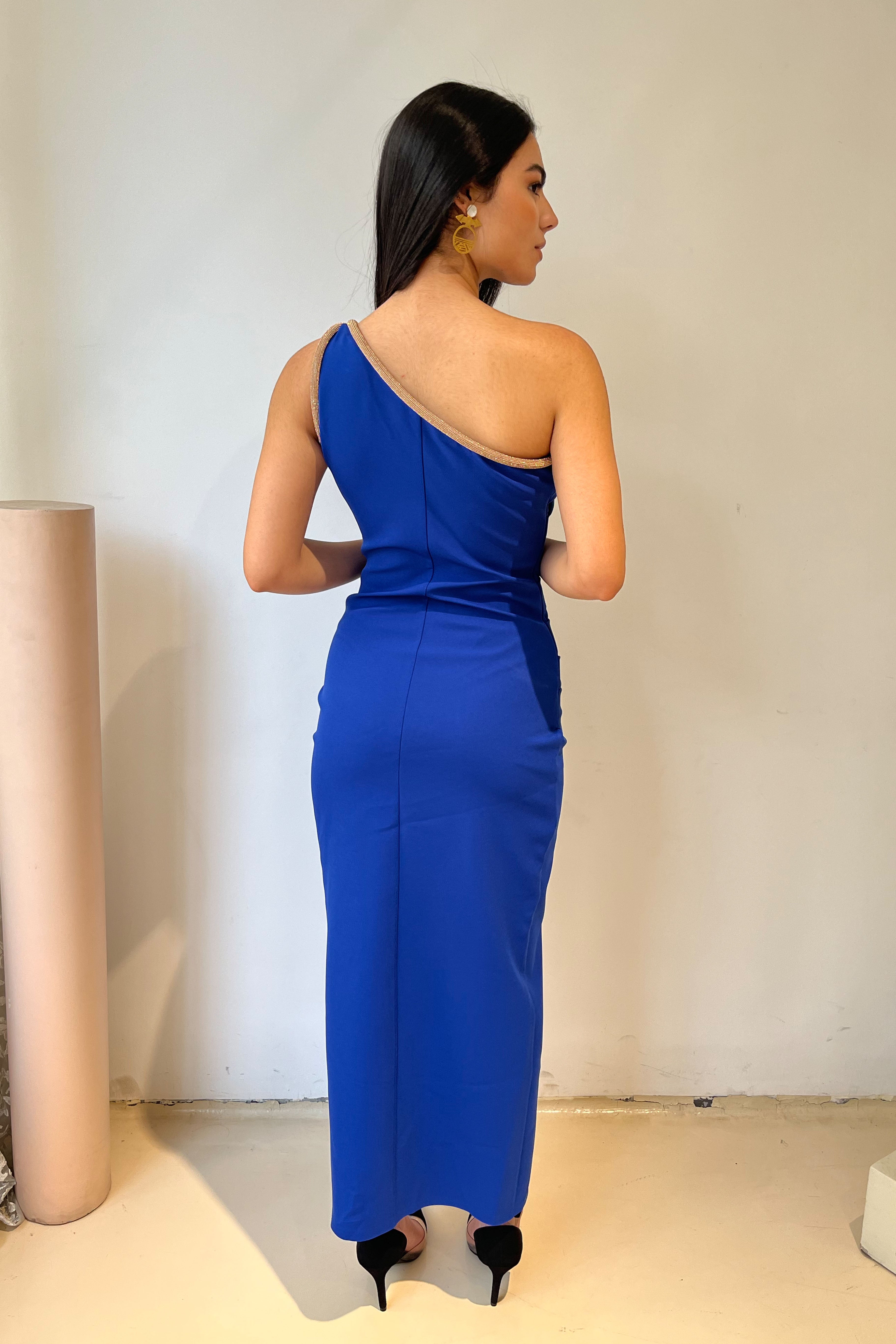 One shoulder dress with slit in Blue