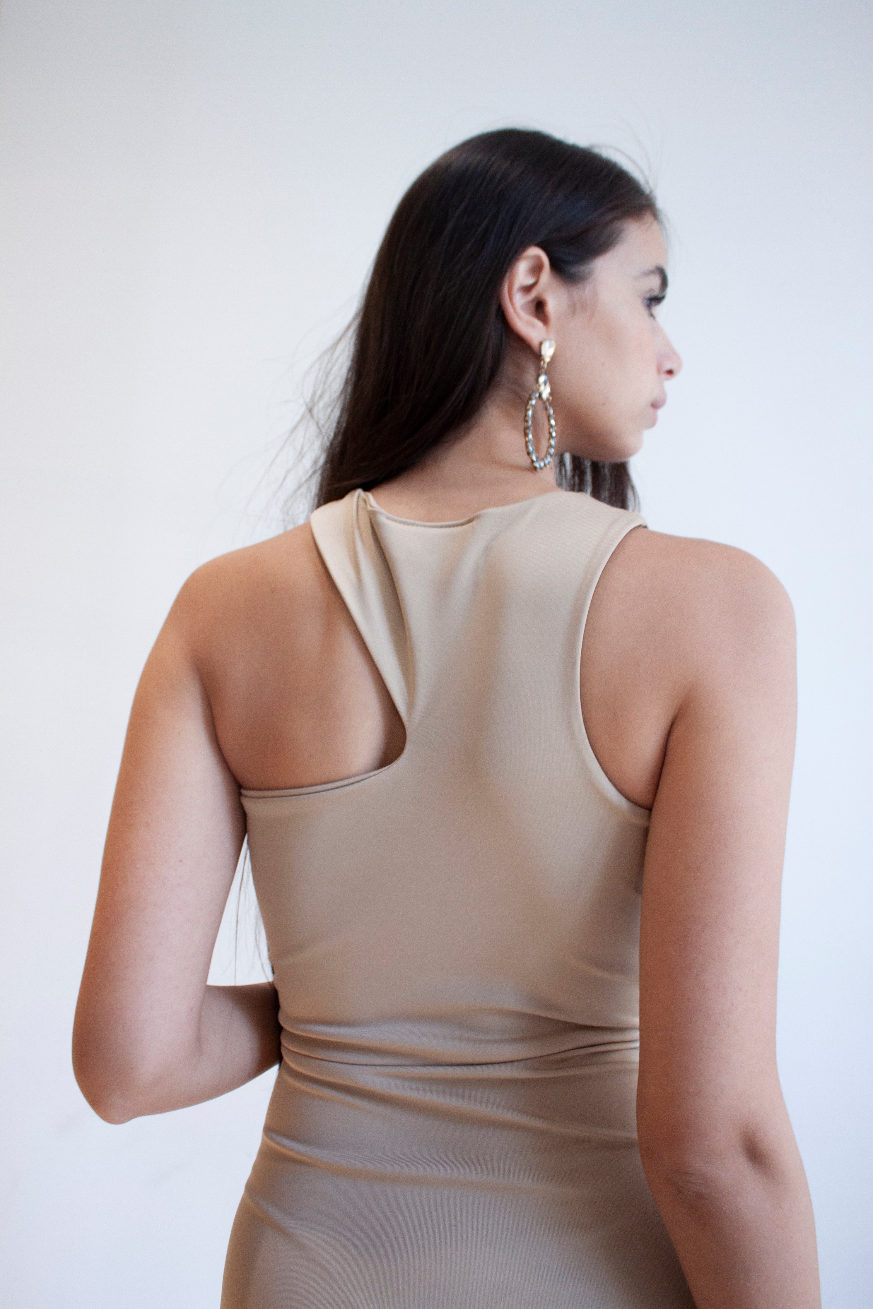 lycra cut out dress in Beige