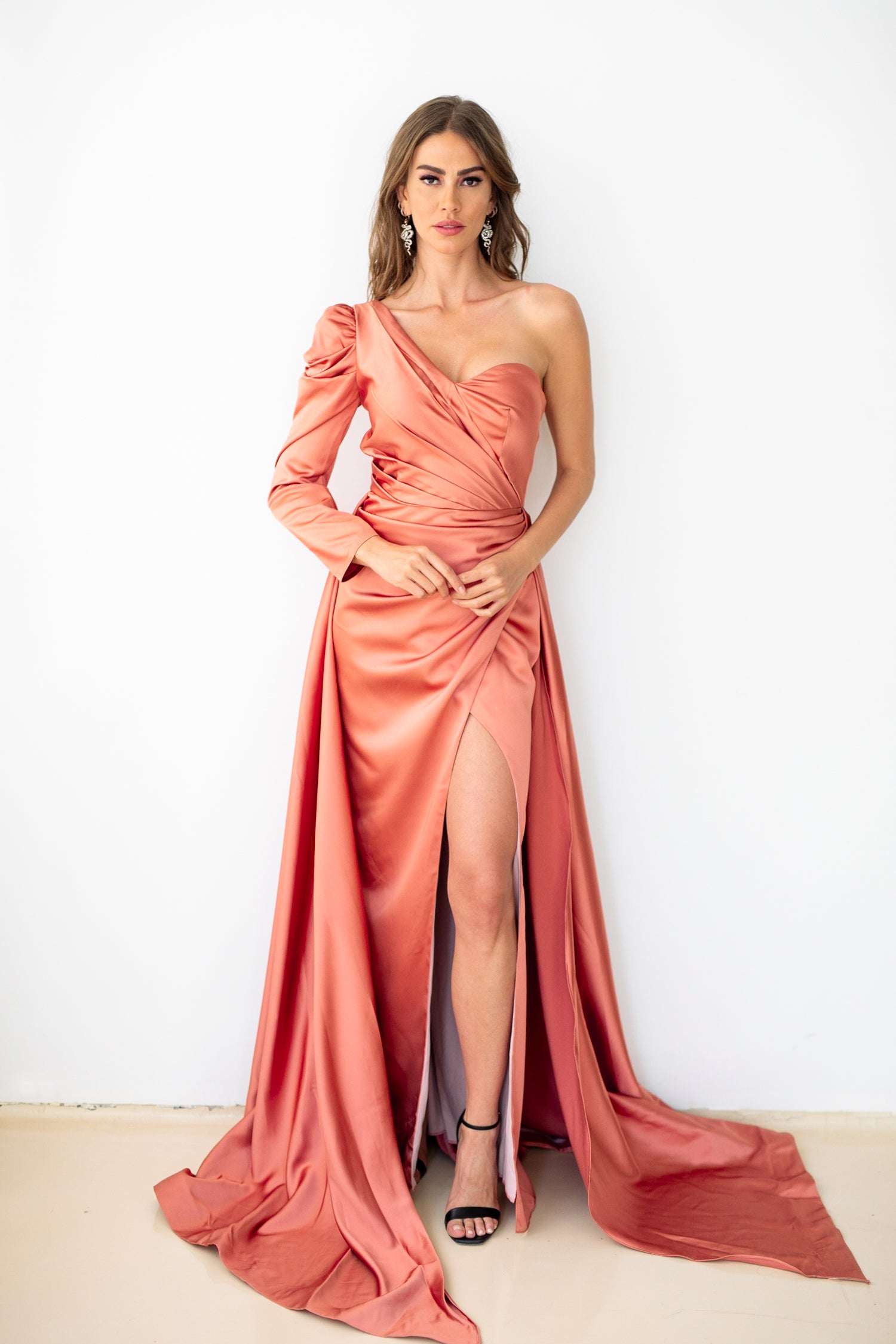 One shoulder satin dress with slit and overskirt in Simon